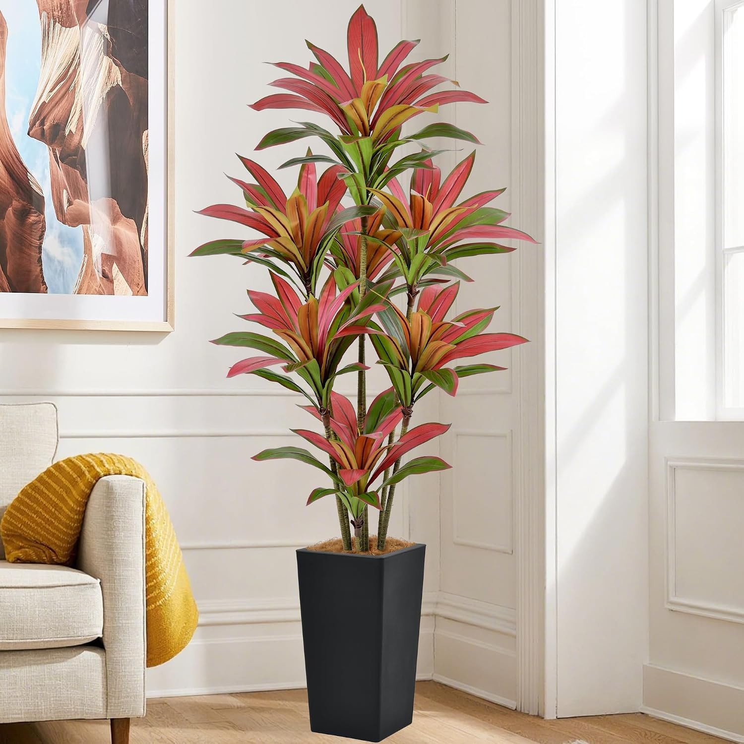 Artificial Red Dracaena Tree 6FT with 114 Leaves & 7 Heads & Black Tall Planter