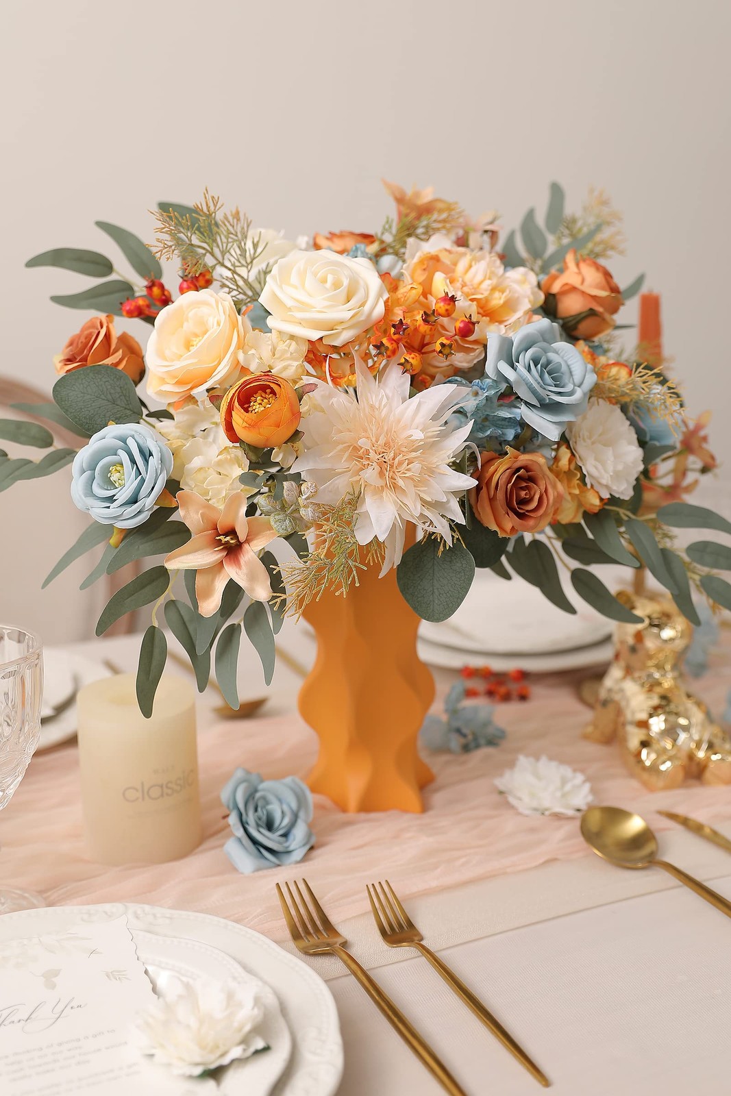 Artificial Flowers Combo Fake Silk Fall Bouquets Wedding Decor Blue White