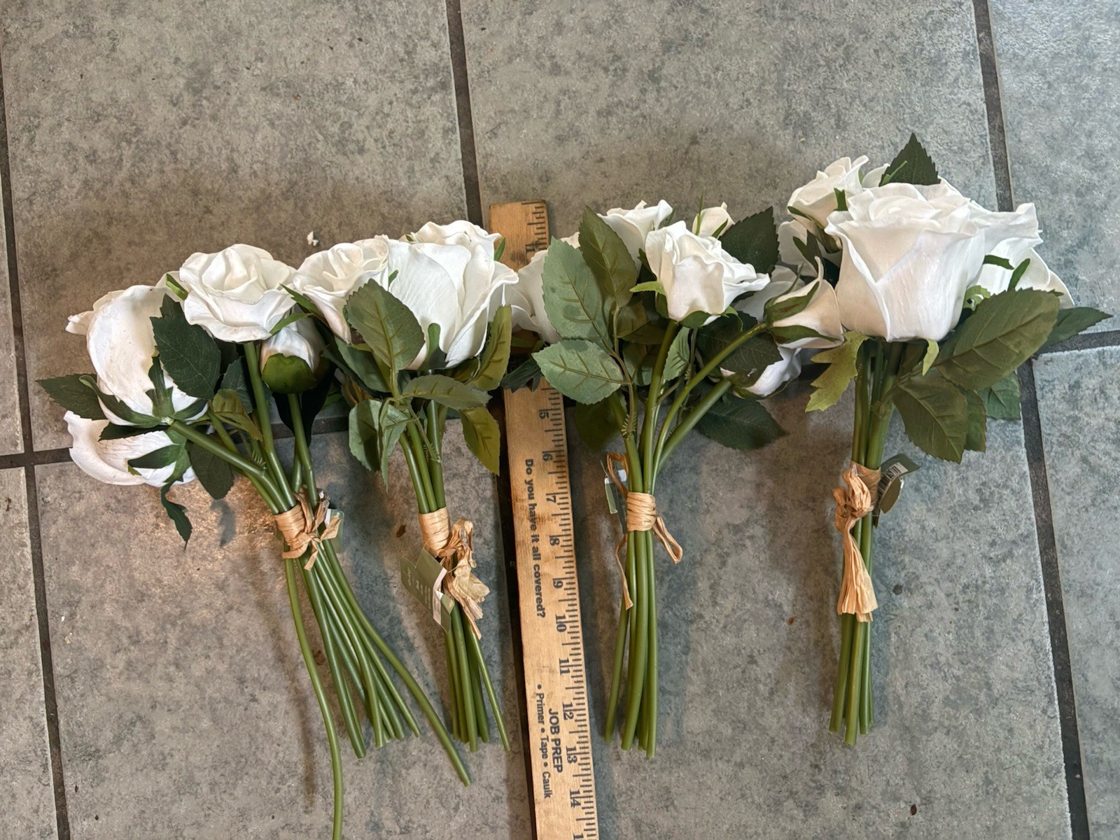 Lot of 4 Bouquets 13”Real Touch White Roses Wired Artificial Flowers Latex 34PC