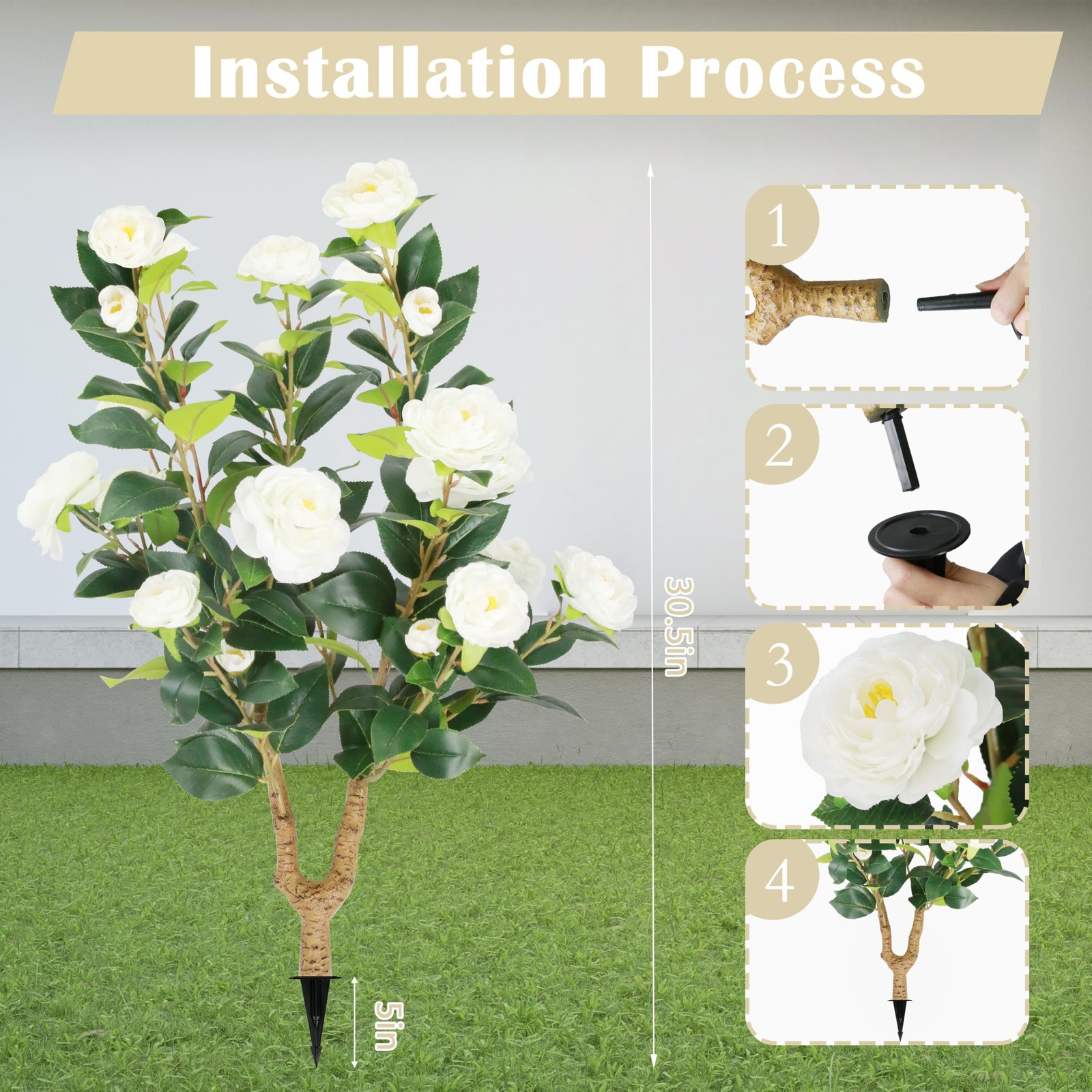 2 Packs 35.5″ Artificial Camellia Tree, Faux White Camellia Flowers Plant wit…