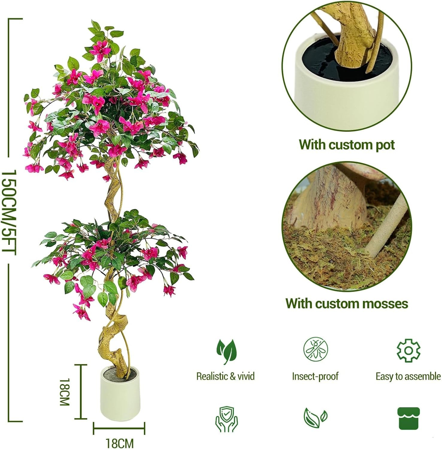 5FT Bougainvillea Artificial Tree – Realistic Faux Plant for Home & Office