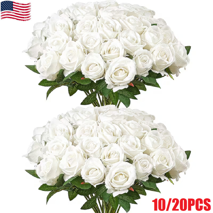 10/20Pcs Artificial White Roses Flower for Wedding Bouquets, Garden, Yard Decor