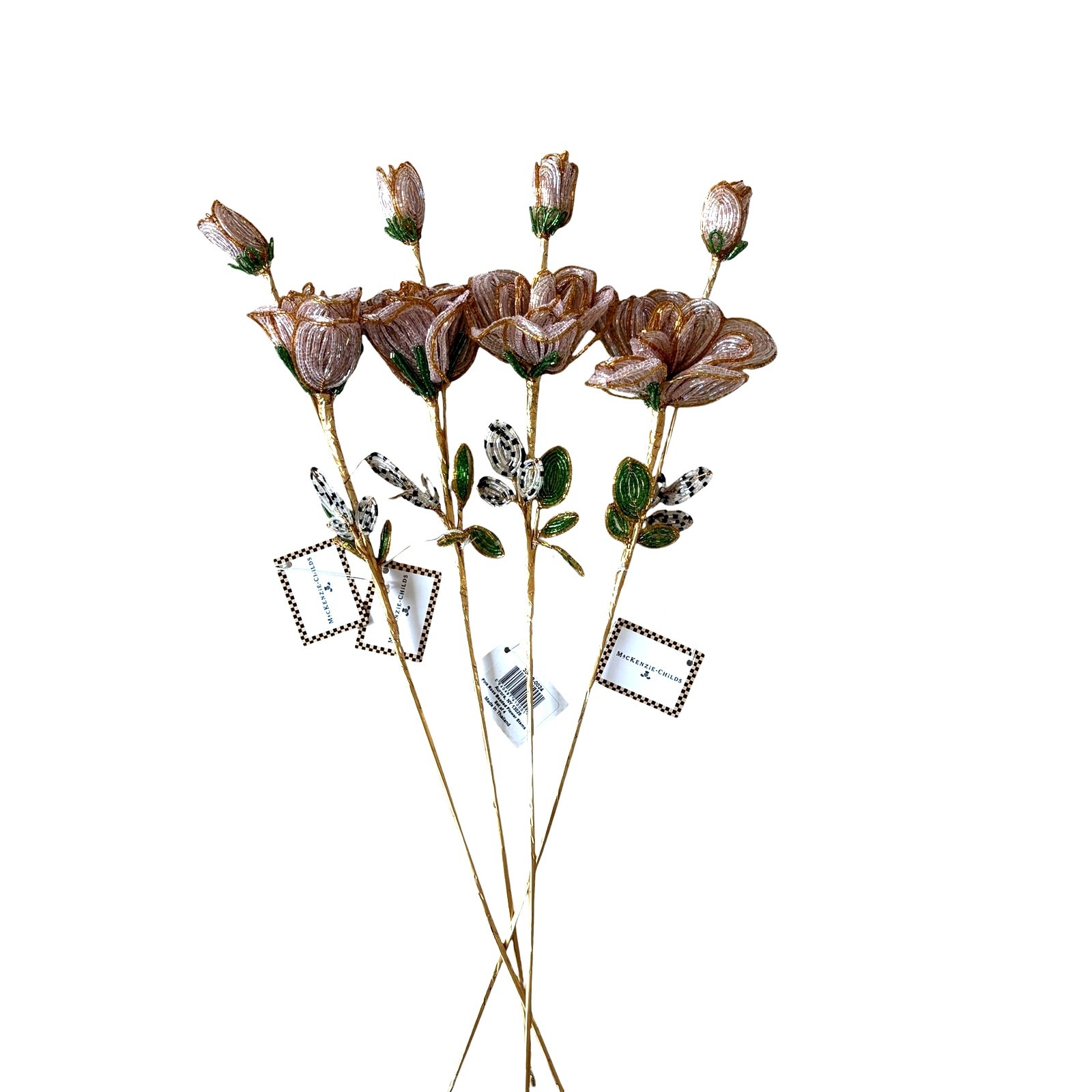 NEW MacKenzie-Childs Pink Rose Beaded Flower Stems Set of 4