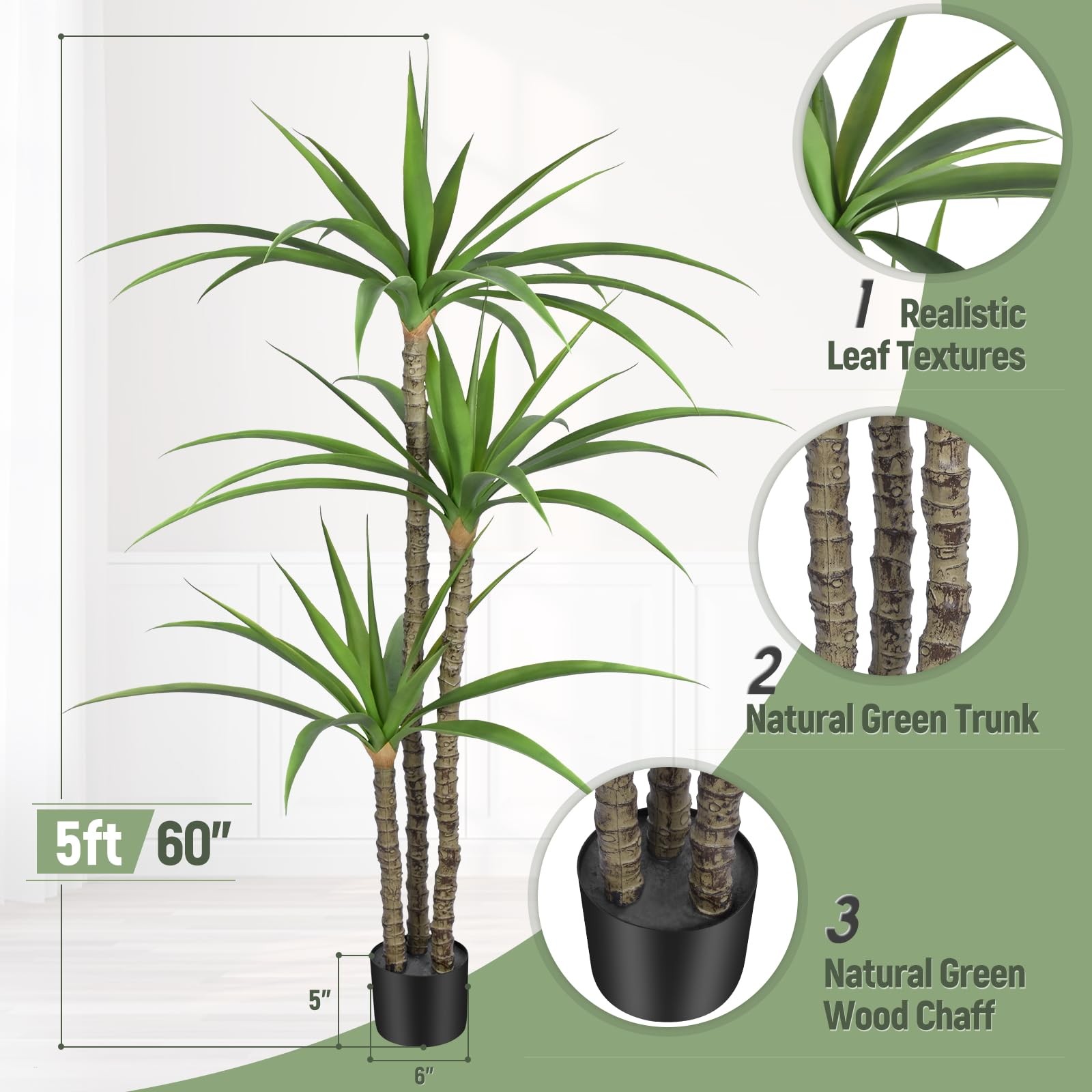 Artificial Tree 5ft Faux Agave Plant with 3 Heads in Pot Fake Tree for Home D…