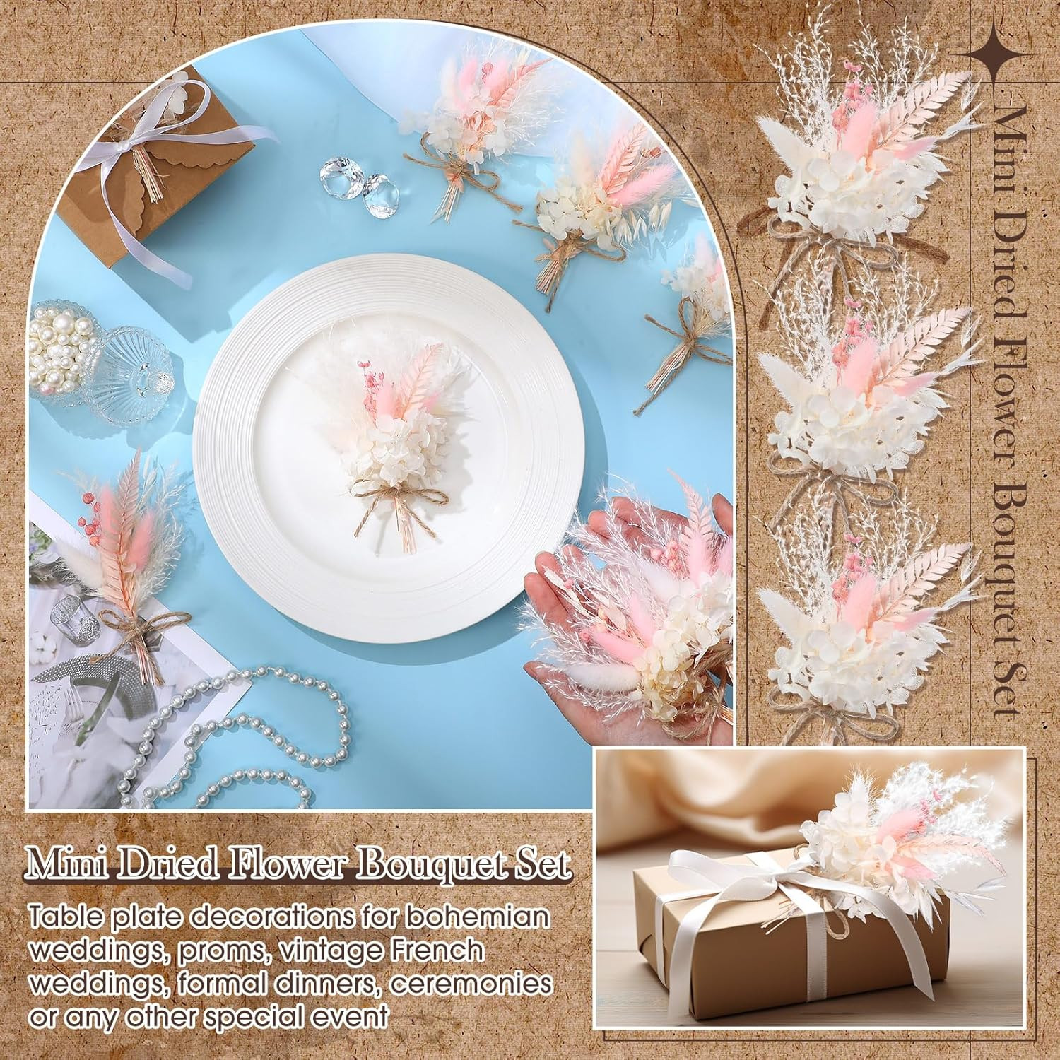 12 Pcs Mini Dried Flower Bouquet for Boho Floral Wedding 6” Small Dry Pampas Gr