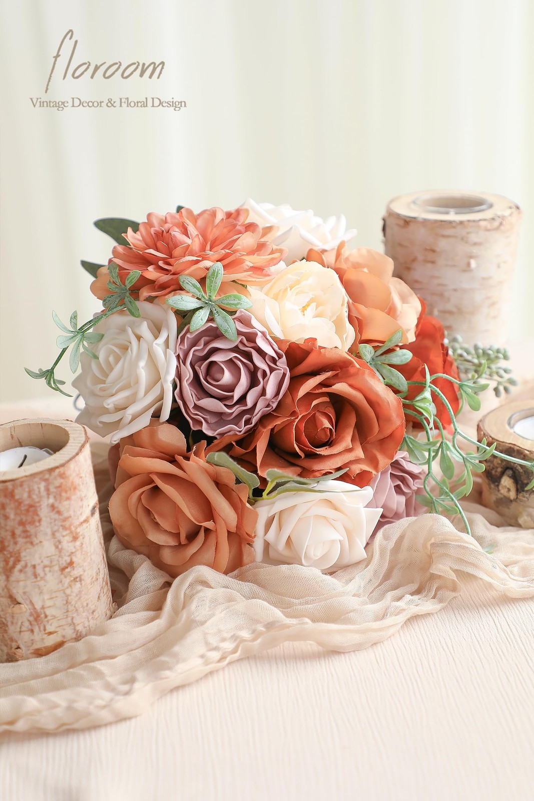 Terracotta Artificial Flowers Burnt Orange Fake Roses Peonies Dahlia Greenery…