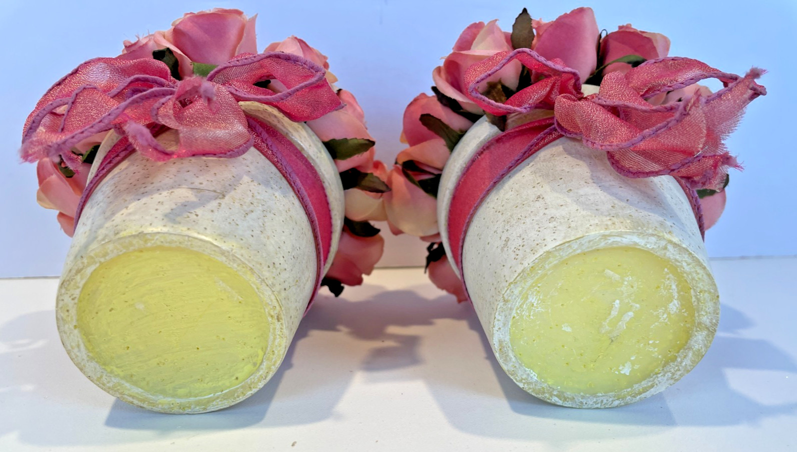 Beautiful Set of 2-Silk Pink Roses in Faux Clay Pots Home Accessory Decor