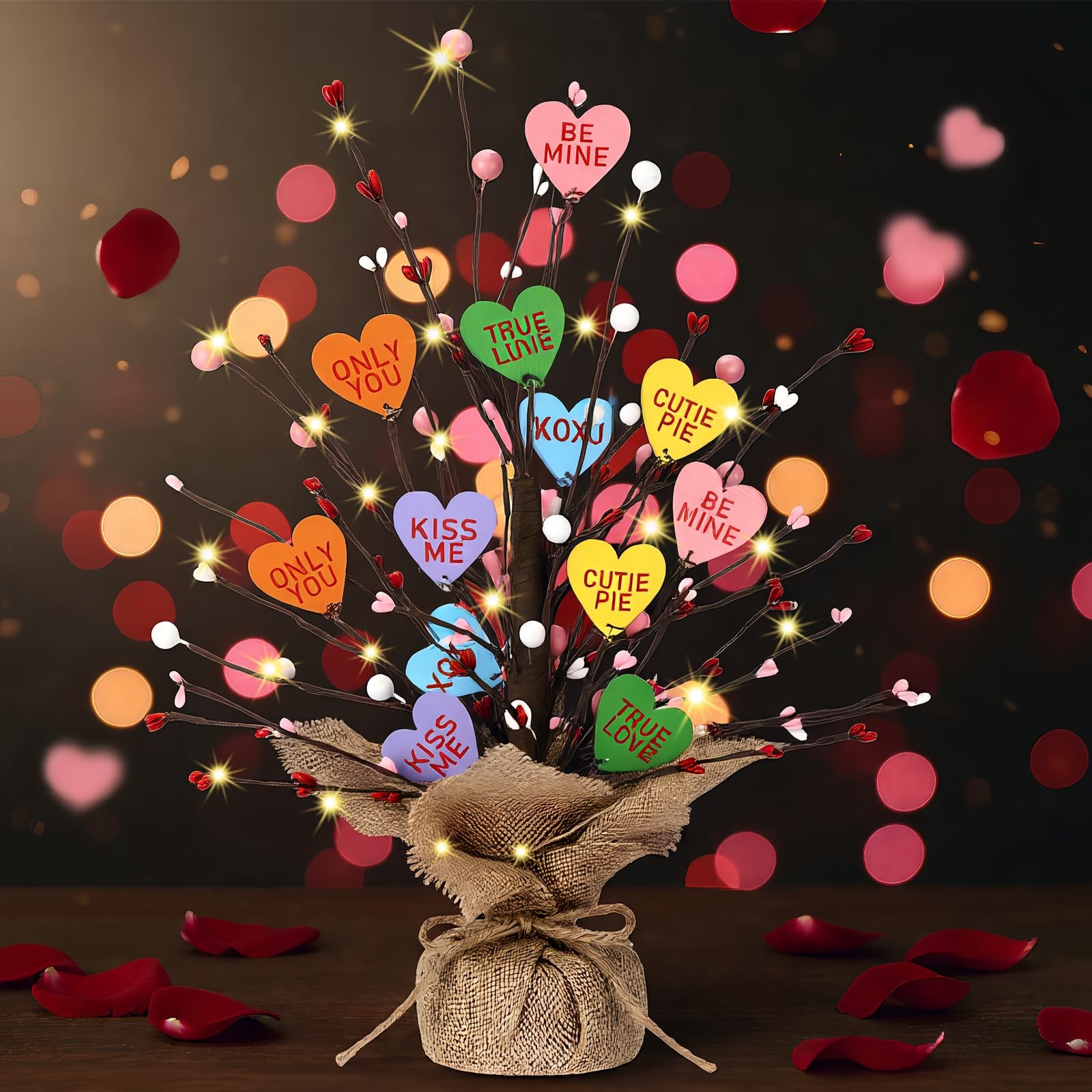 Lighted Valentine Heart Candy Tree Tabletop Decorations Artificial Branches