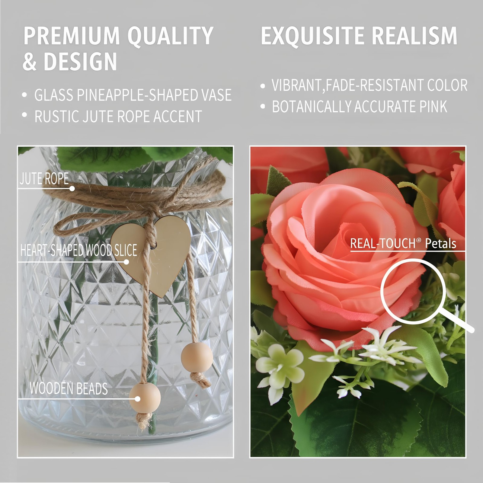 18 PCS Faux Rose Flowers in Vase Pink Artificial Floral Home Centerpiece