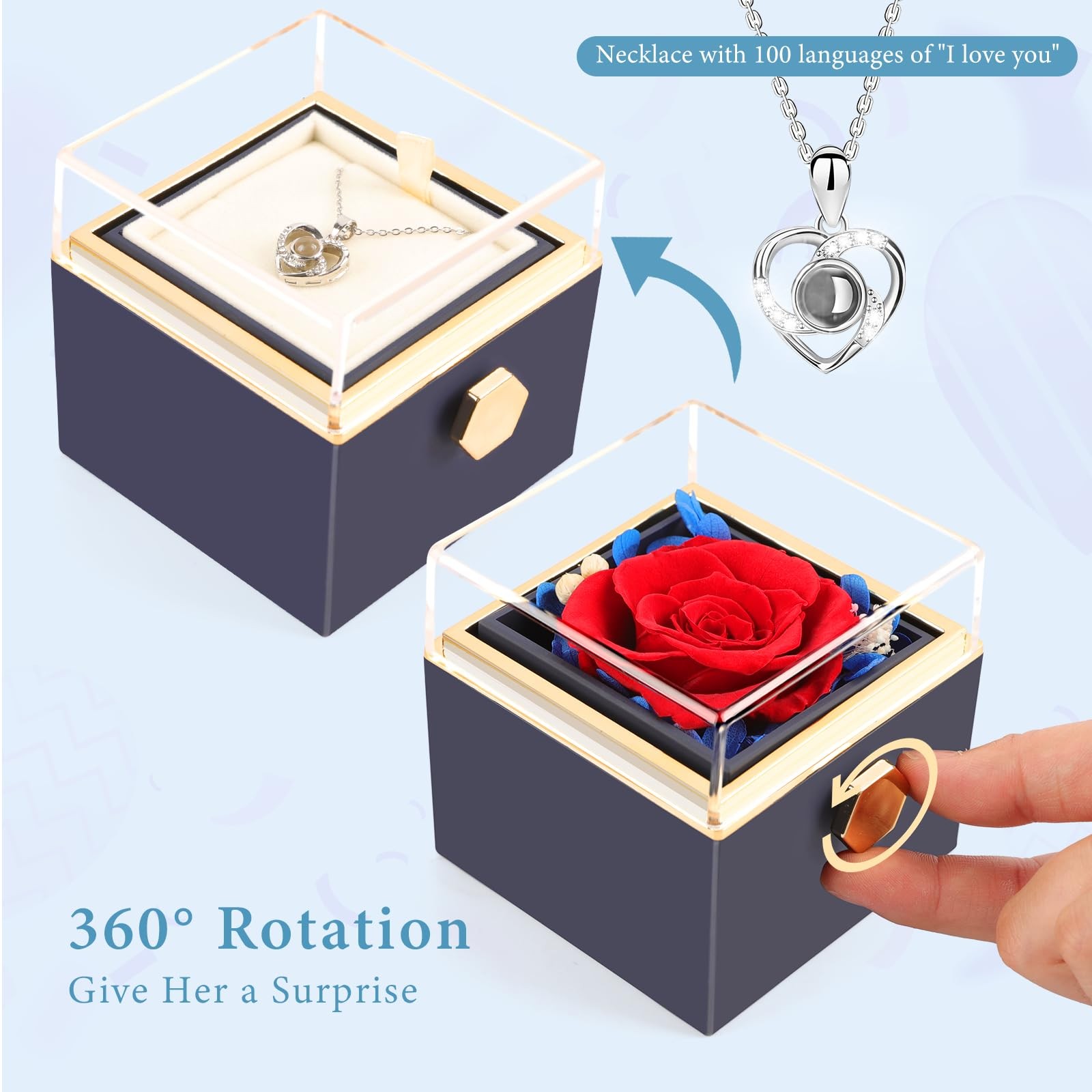 Preserved Real Red Forever Rose Rotating Box with I Love You Necklace 100 Lan…