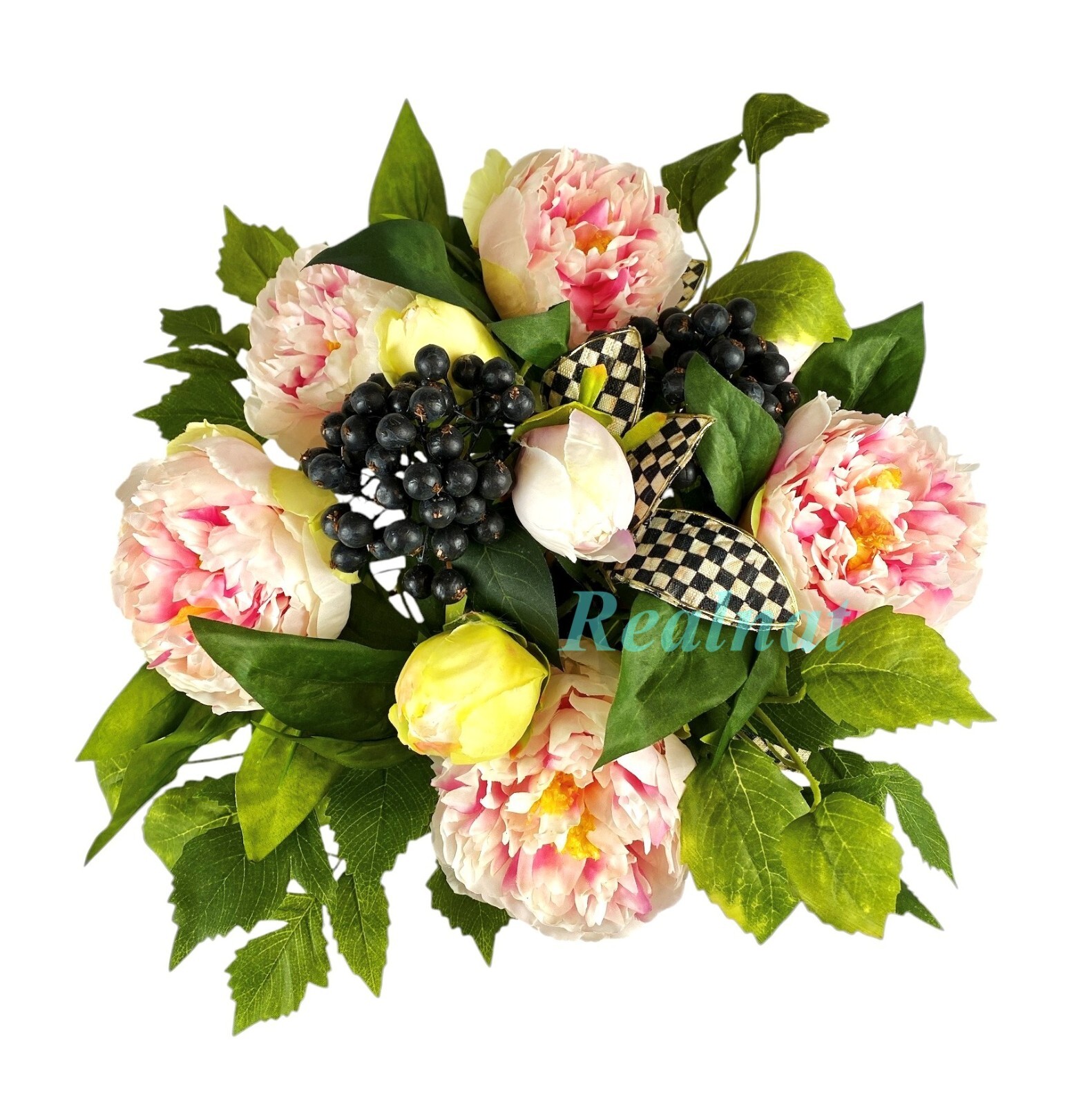 MacKenzie-Childs PEONY ARRANGEMENT COURTLY CHECK POT & LEAVES 11″ NEW NO BOX