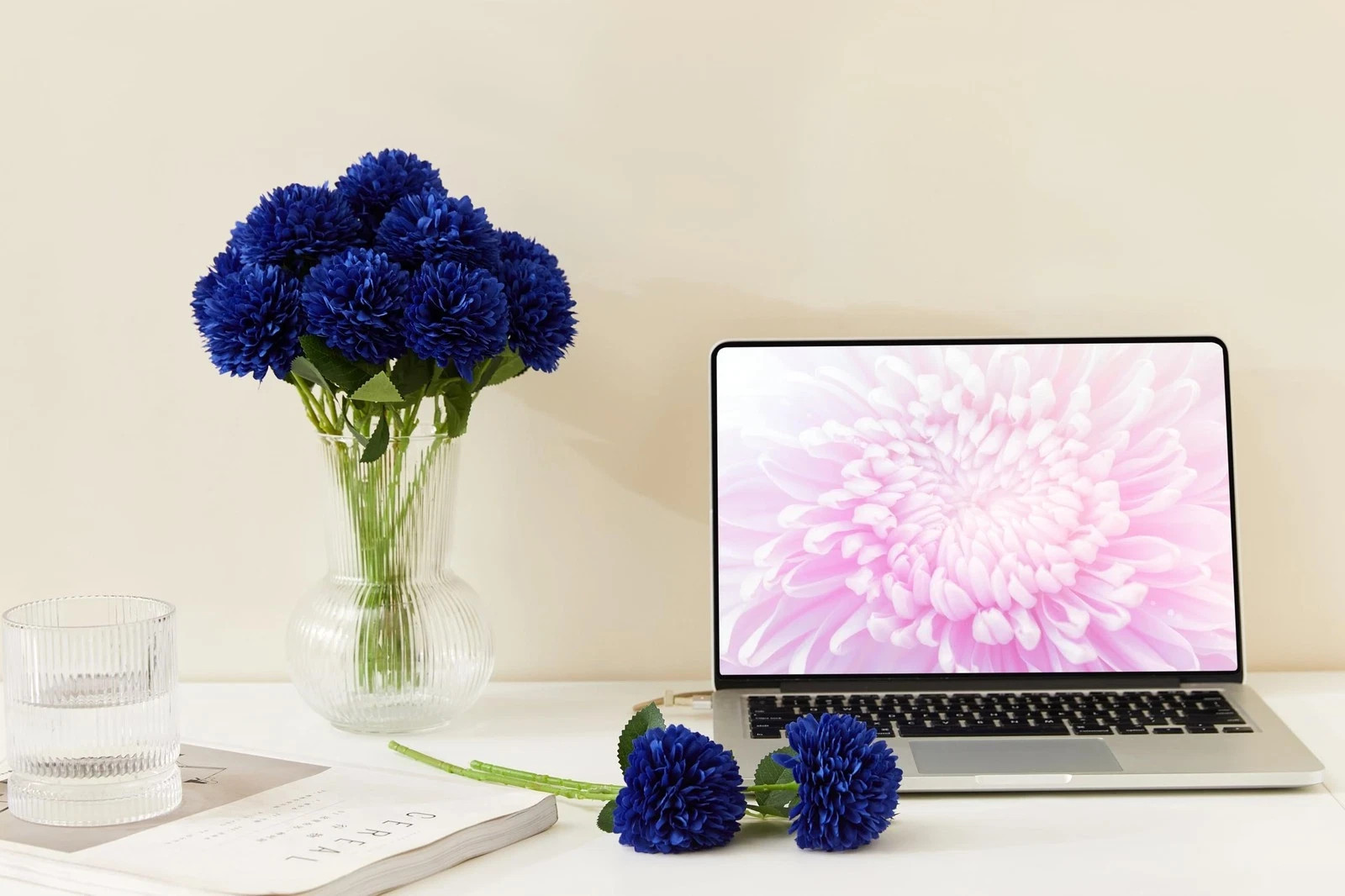 12 PCS Blue Artificial Chrysanthemums Ball Flowers Silk Fake Mums Decor