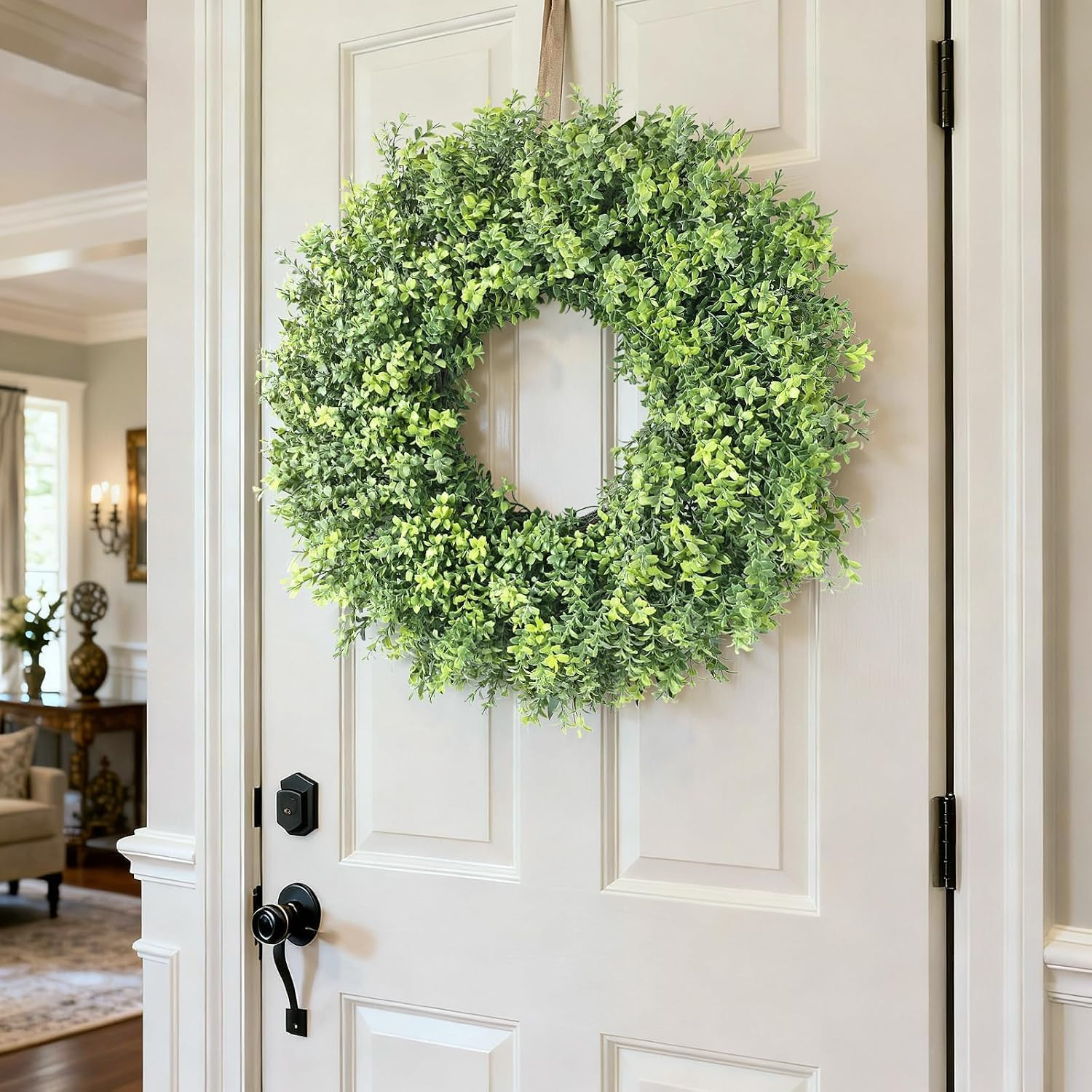 26″ Artificial Boxwood Wreath for Front Door – Faux Small Leaf Boxwood Plant, Sp