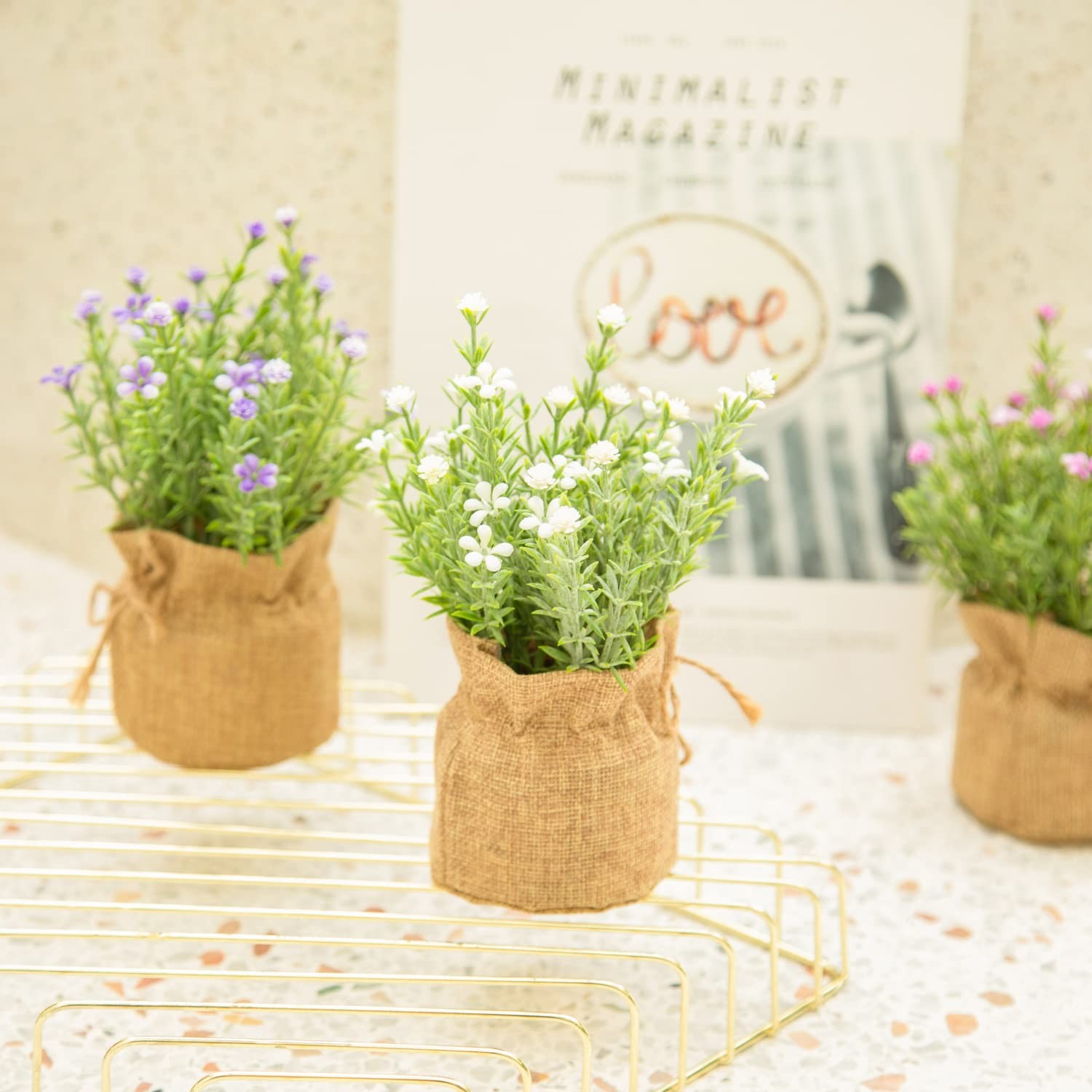 Velener Babys Breath Artificial Flowers in Small Burlap Bag Vases 3Pcs -Gypso…