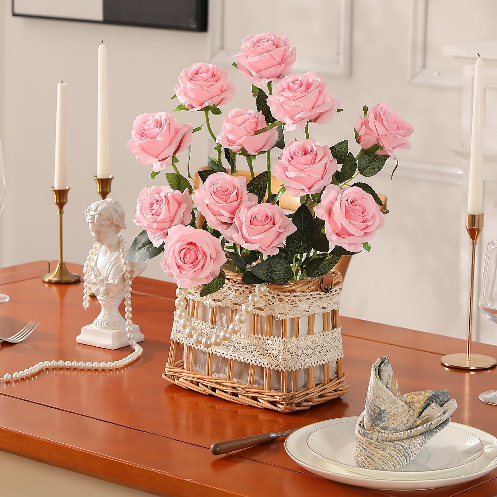 10 PCS Pink Artificial Silk Rose Flower Bouquet Lifelike Fake Wedding Decor