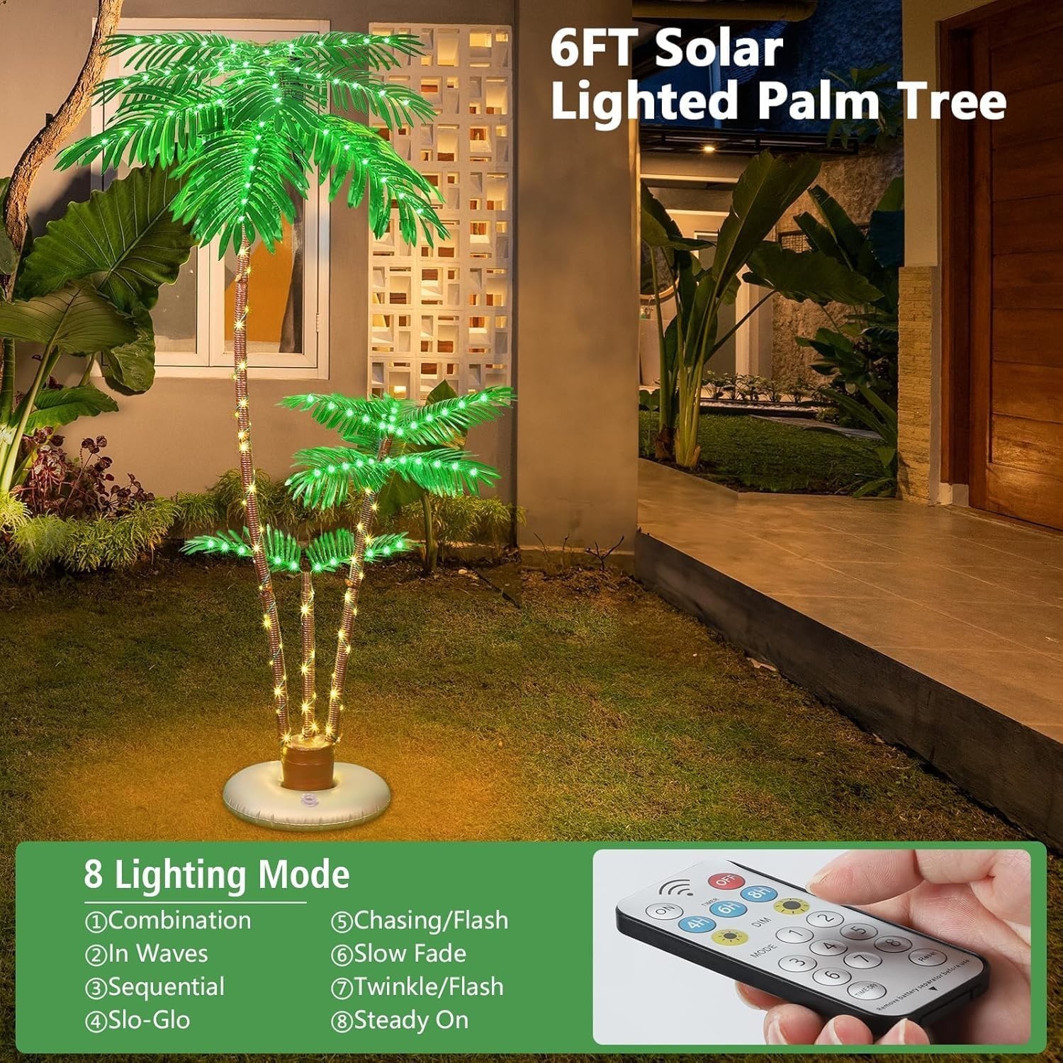 6FT Triple Trunk Solar Palm Tree IP65 Waterproof Artificial Lighted Tree with Re