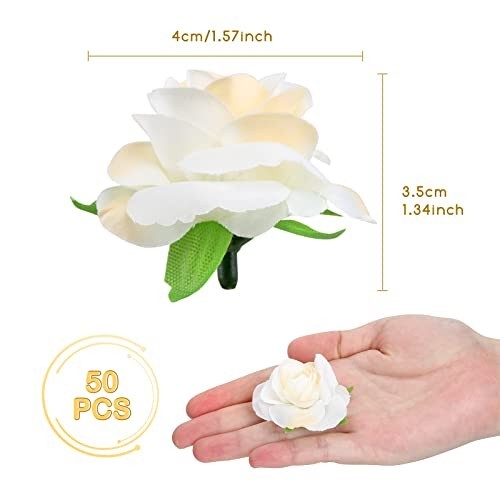 50 Mini Cream White Artificial Roses 1.6 Inch Silk Fake Flower Heads Crafts