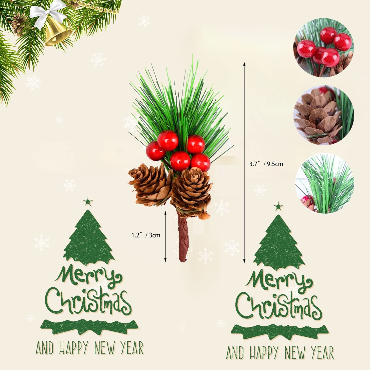 20 Pcs Artificial Pine Picks, Christmas Cone Picks Red Berry Stems, Green Pin…
