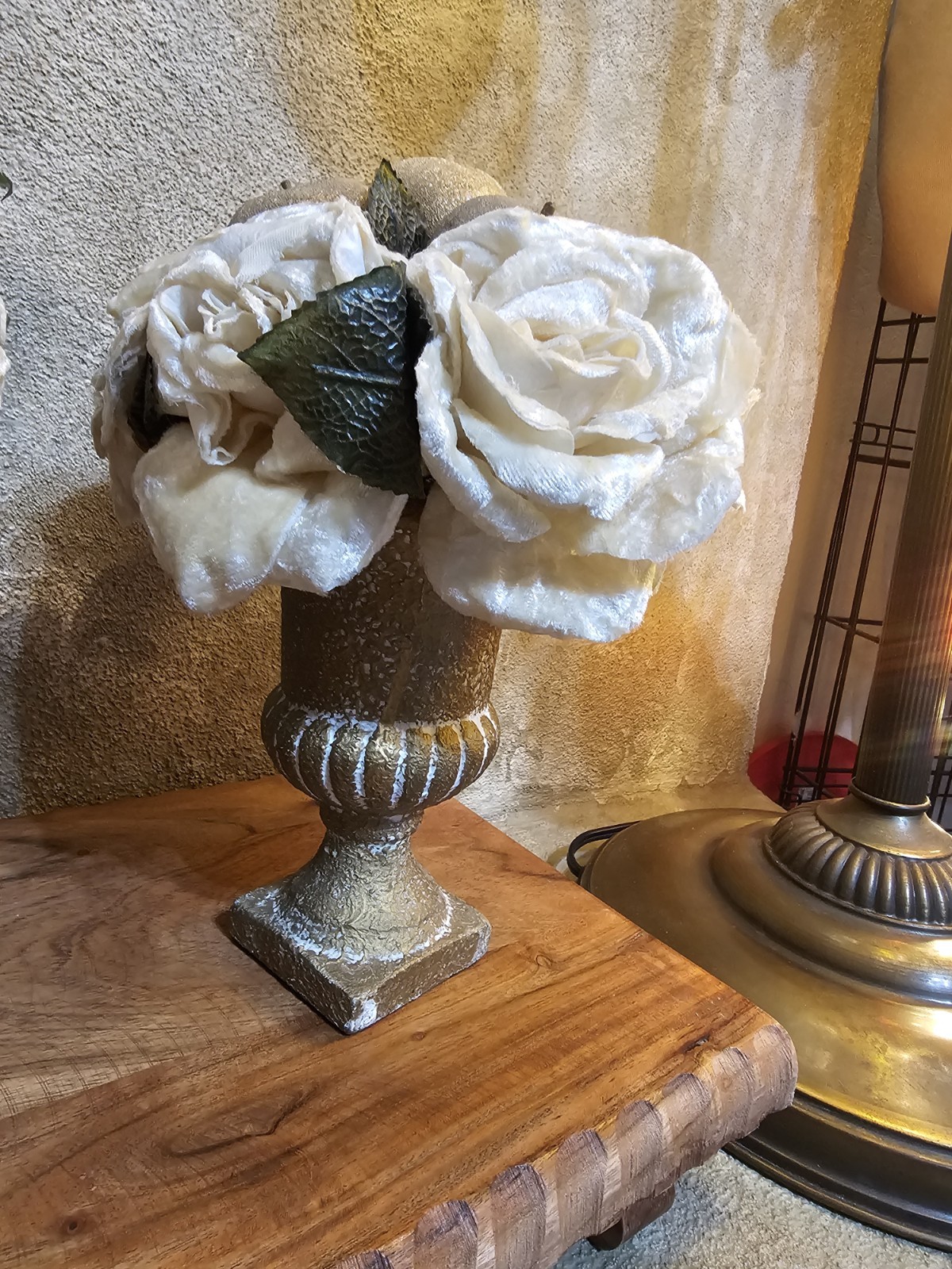 2 Vtg Velvet Floral Arrangement Cream Rose Glitter Apple in Champagne Urn/bowl