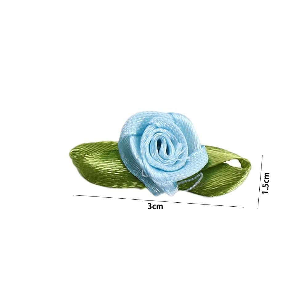 100 PCS Mini Ribbon Roses Artificial Fabric Flowers Green Leaves Sewing Craft