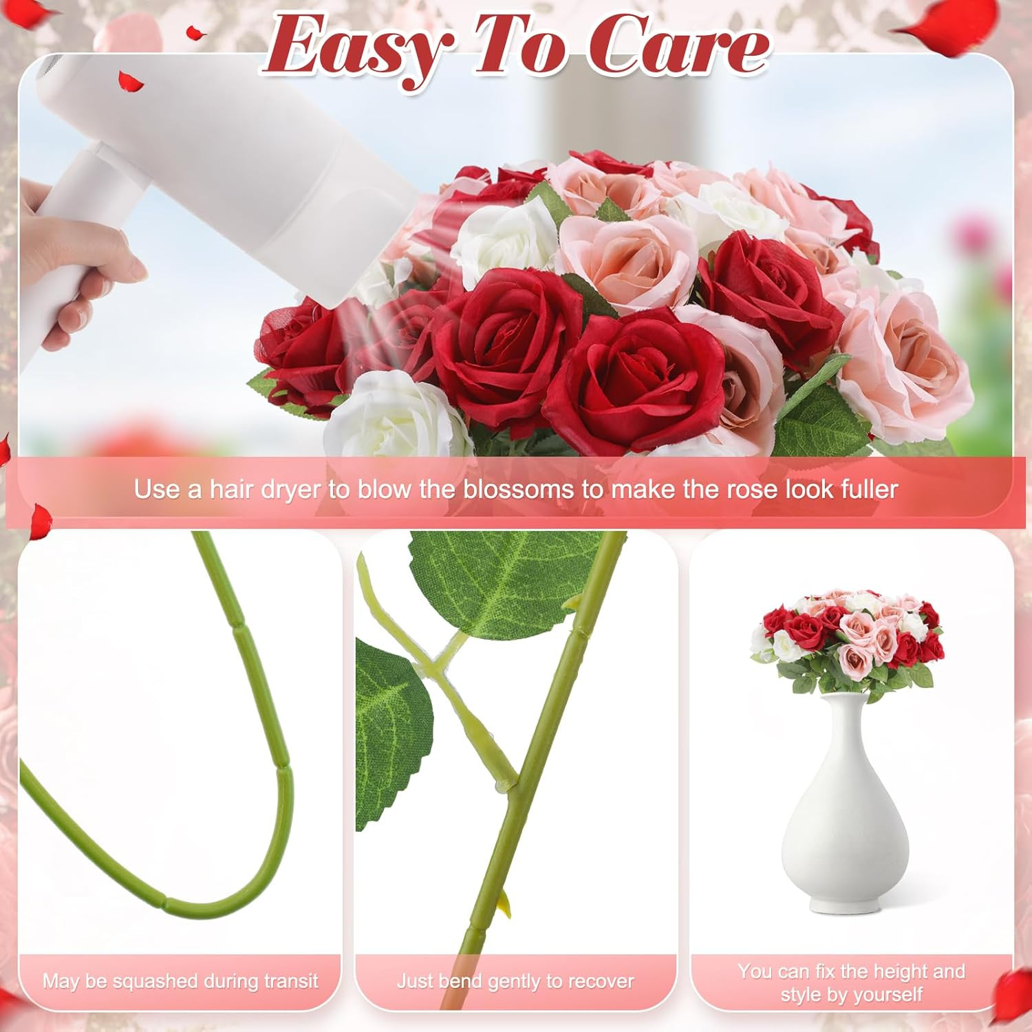 36 Pcs Red White Pink Artificial Roses with Long Stems, Fake Silk Rose Artificia