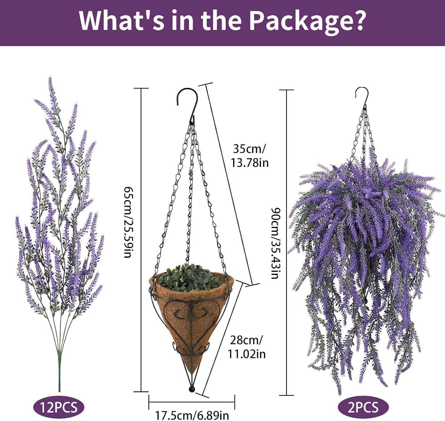 12 Artificial Lavender Hanging Baskets – UV Resistant for Porch & Garden