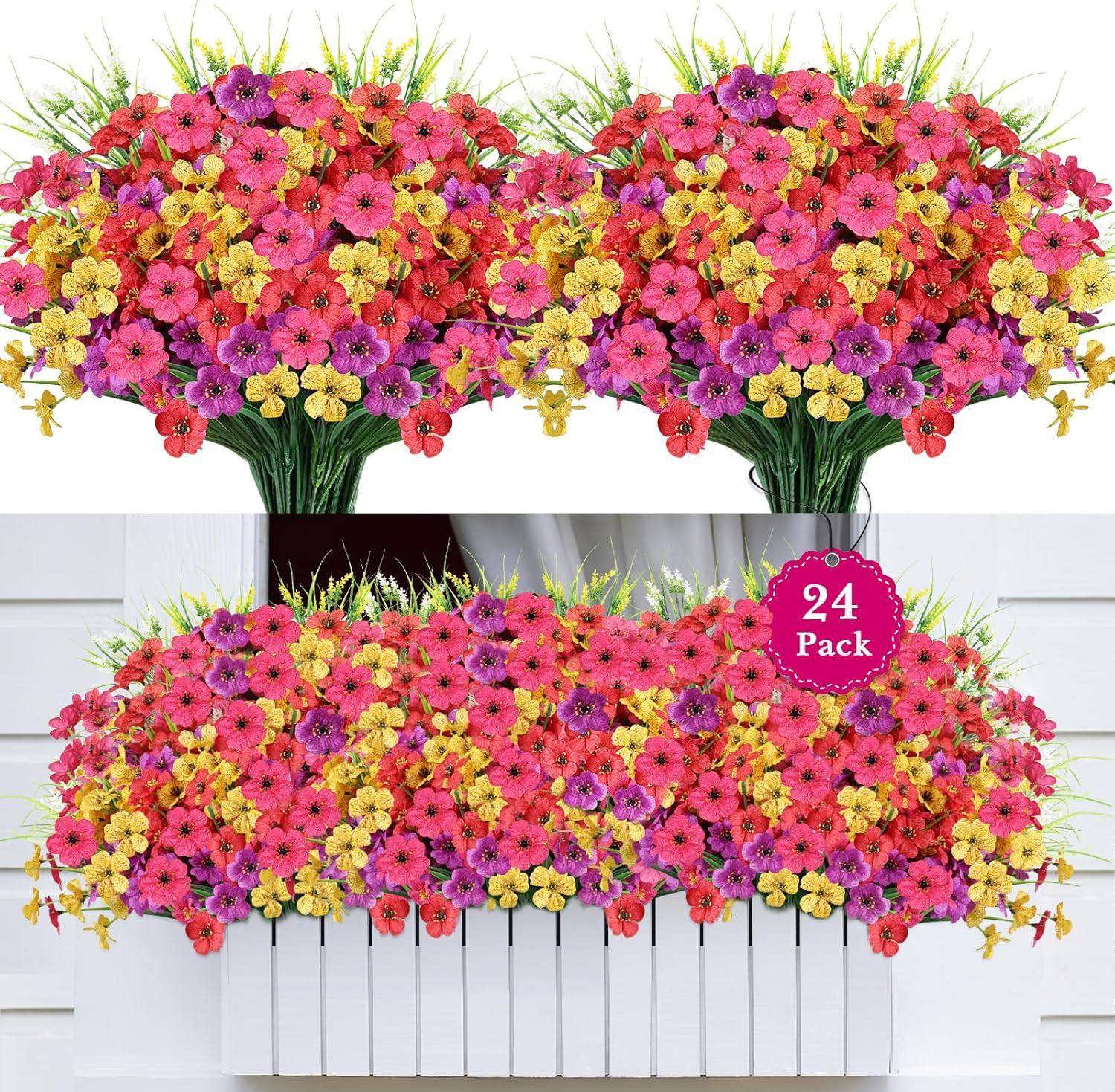 24 Bundles Realistic Fake Flowers for Outdoors, No Fade Faux Silk Flowers & Arti