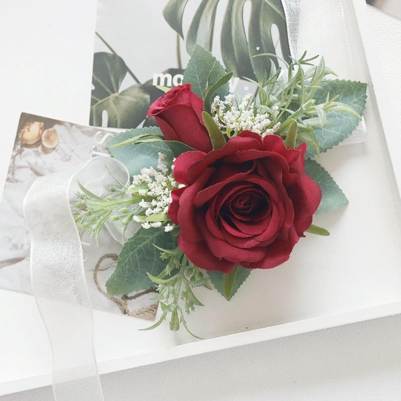 Burgundy 2 PCS Wrist Corsage and Boutonniere Set Artificial Rose Groom