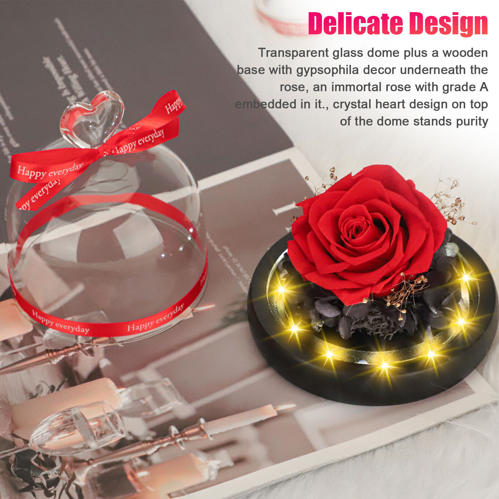 LED Eternal Forever Rose Flower Glass Dome Ring Lighted Christmas Preserved Gift