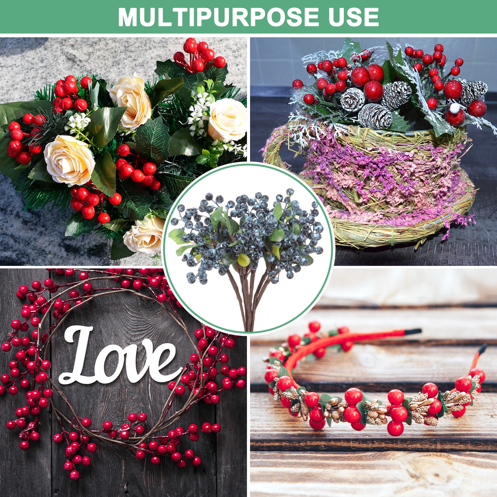 6-Pack Artificial Berry, 9.8 Inch for Home Decor/Wedding [Blueberry]