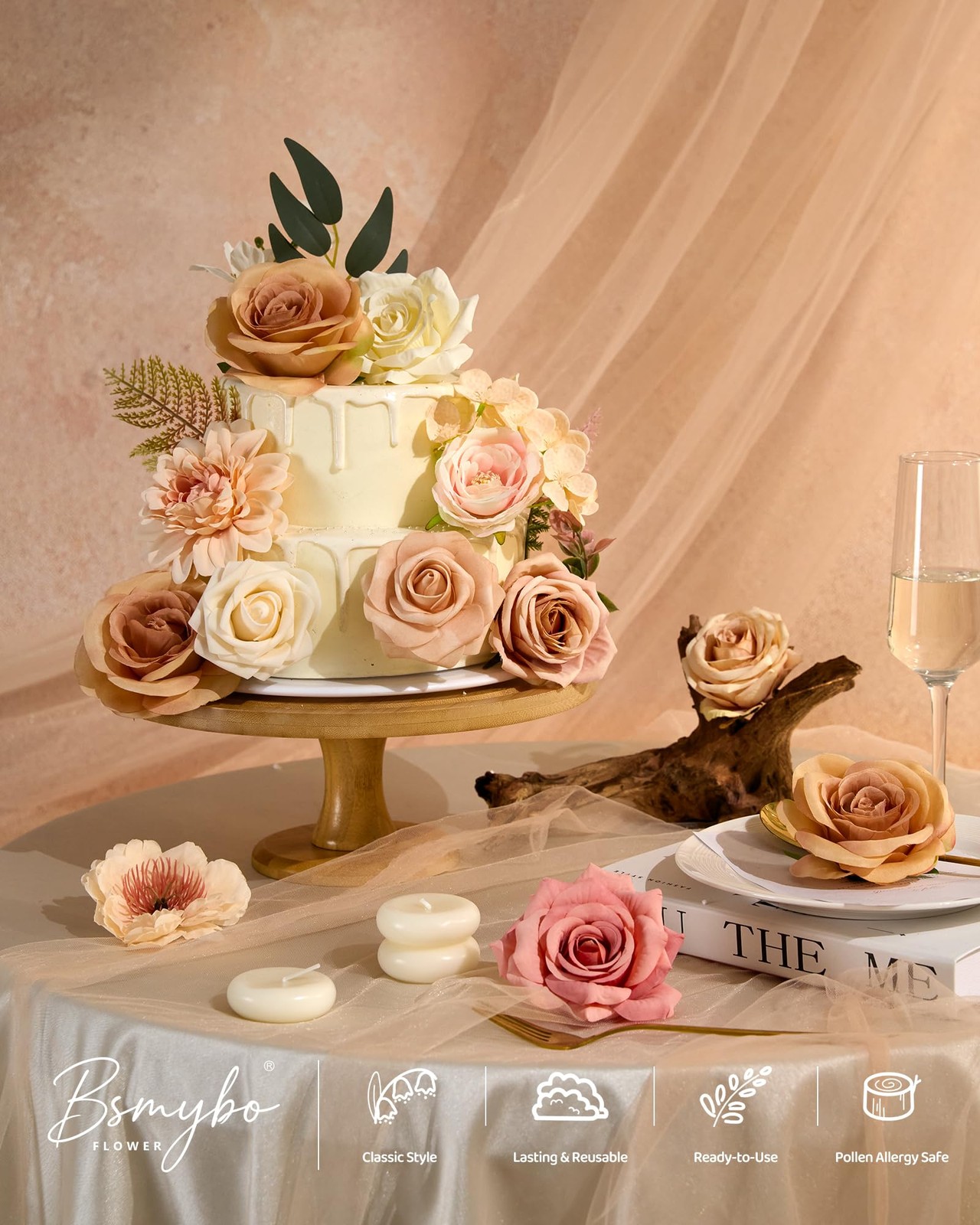 Artificial Flowers Combo Peach Flowers with Stems Fake Rose Faux Floral Arran…