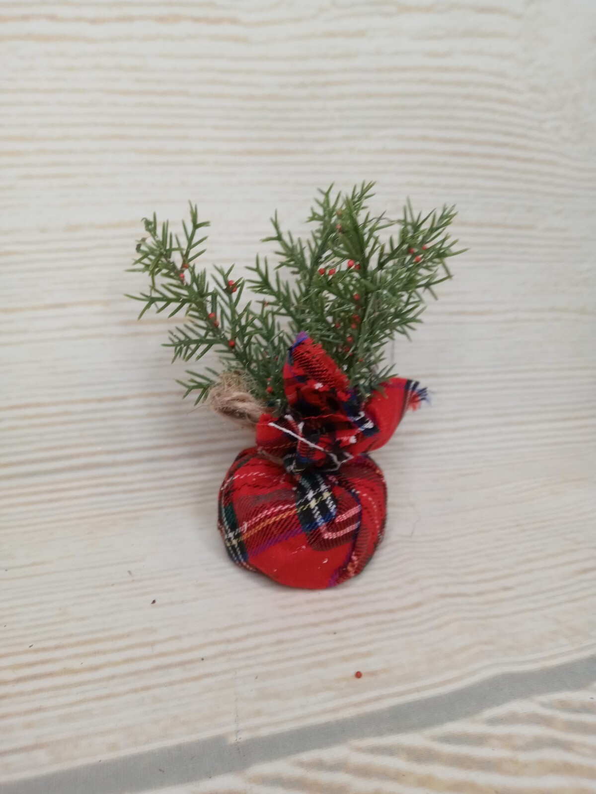 New! Mini Tartan Plaid Greenery Plant Tree Fake Christmas Winter Decor Filler ~