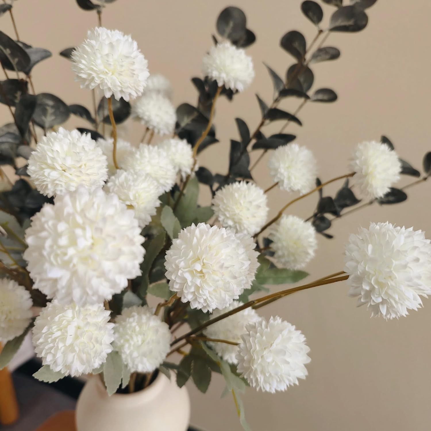 White Faux Flowers for Vase – Kiku 10 Stems & Eucalyptus, Fake Flowers Stems