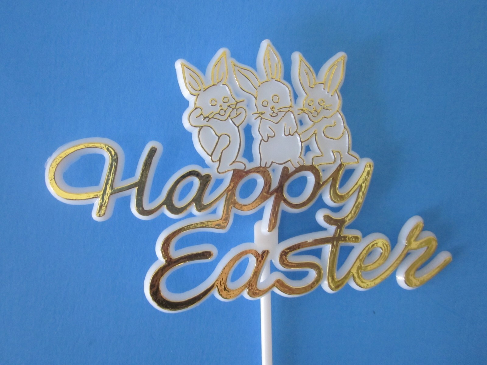 VTG NOS 3 pc HAPPY EASTER Yellow & White Rabbits Eggs Floral Picks Crafts KITSCH