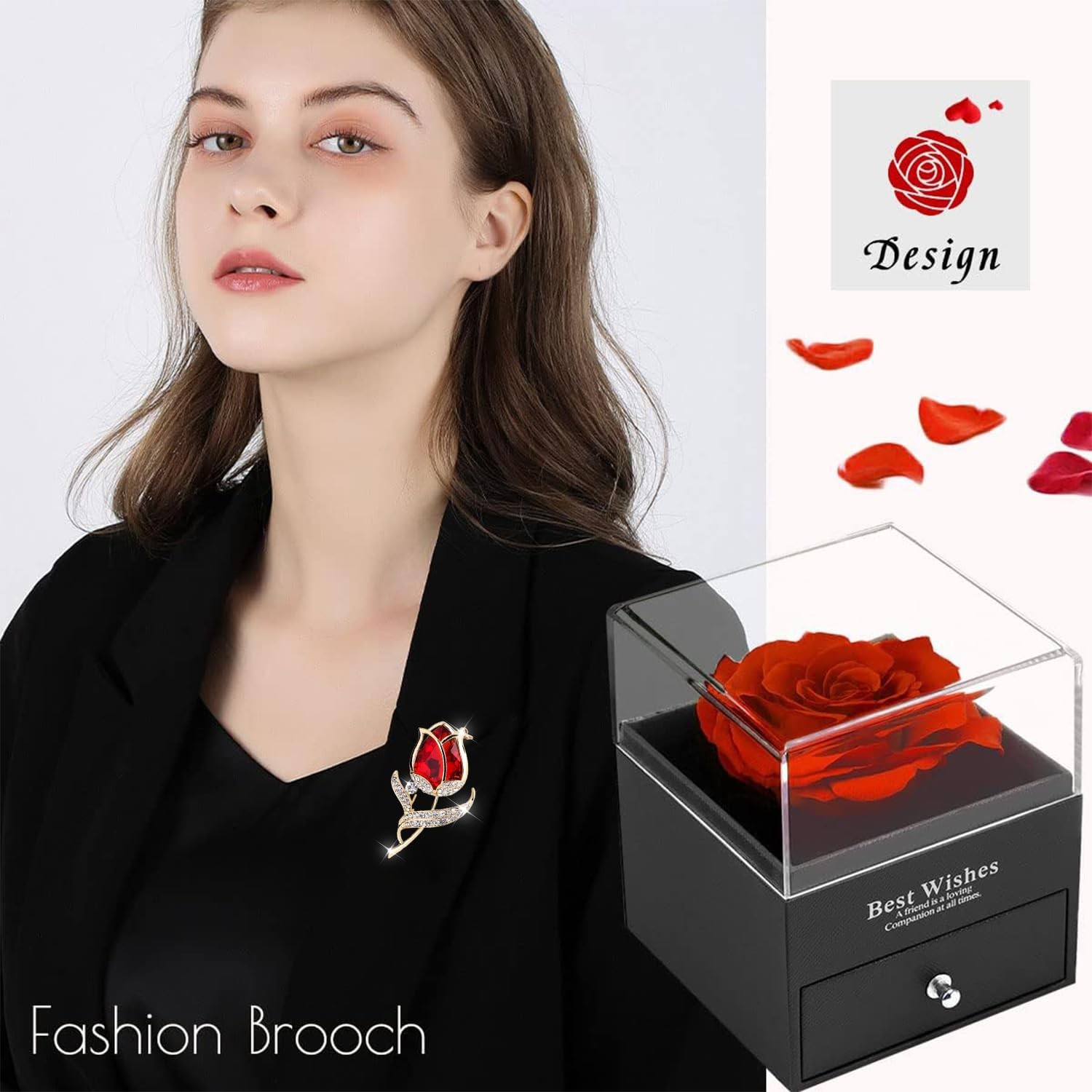 SWEETIME Preserved Red Rose Gift Box Enchanted Real Roses with Ruby Brooch, E…