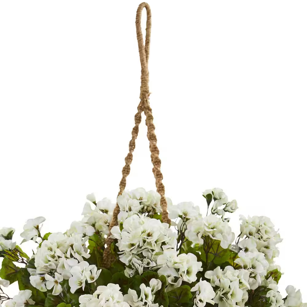 Indoor/Outdoor UV Resistant White Geranium Hanging Basket Artificial Plant