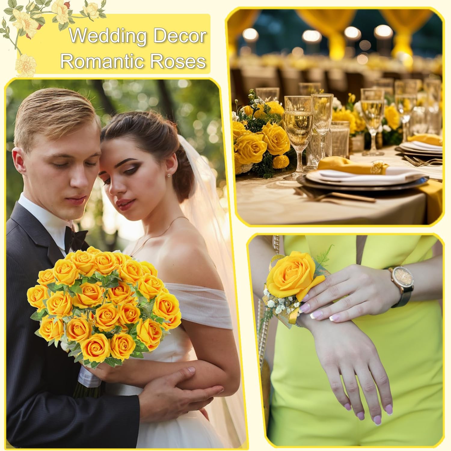 12 PCS Yellow Pearl Artificial Roses Fake Velvet Silk Flowers Wedding Home