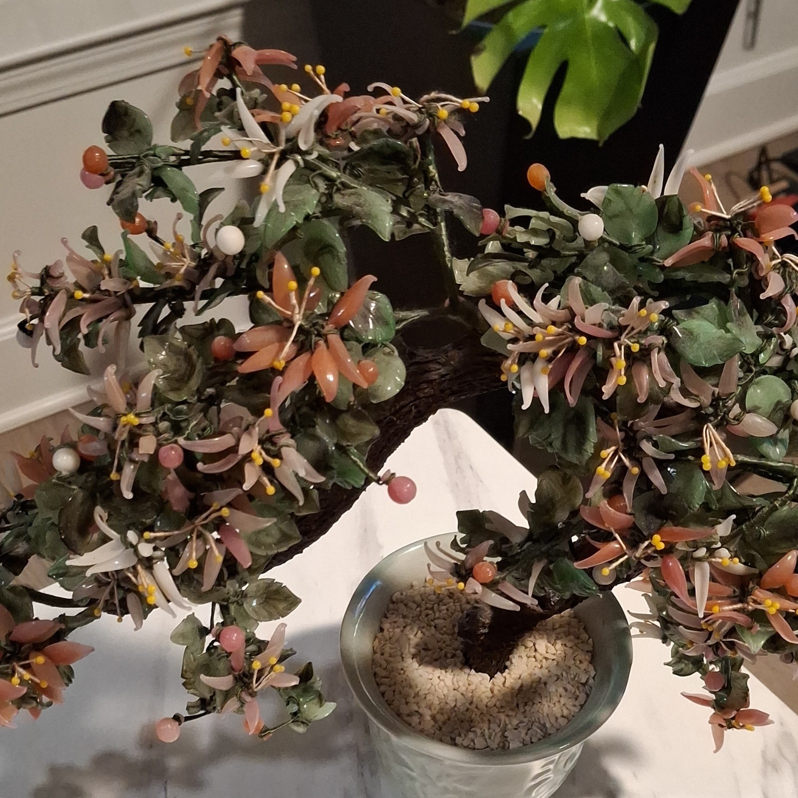 Vintage XLarge Chinese Jade Quartz Bonsai Tree Celadon 19×36” CHERRY Blossoms.