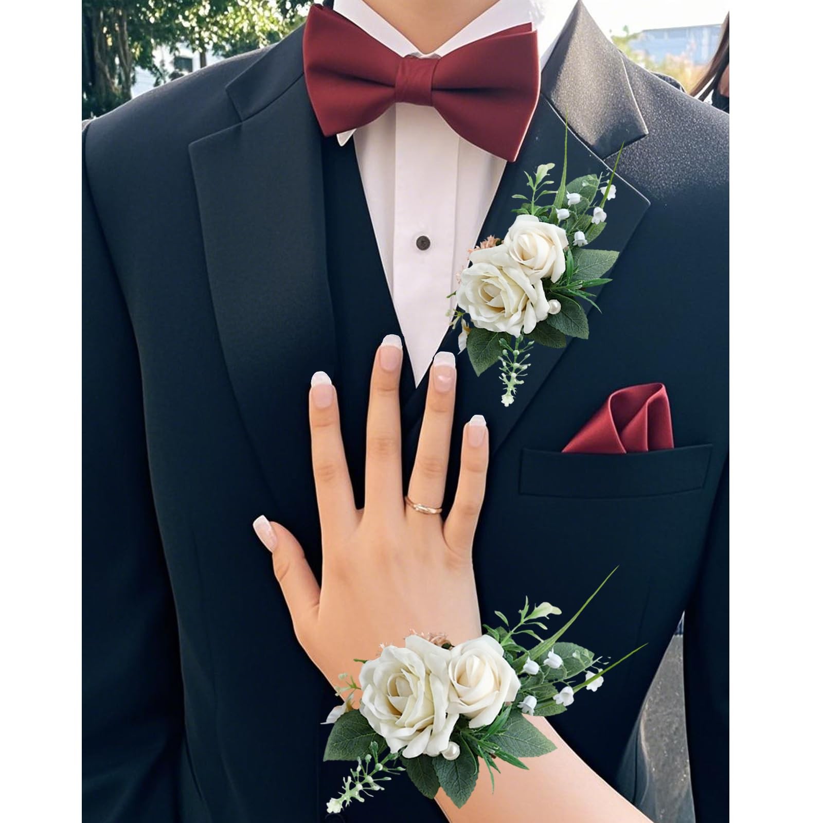 Ivory Corsage and Boutonniere Set for Bride Groom, Artificial Rose Flower Wri…