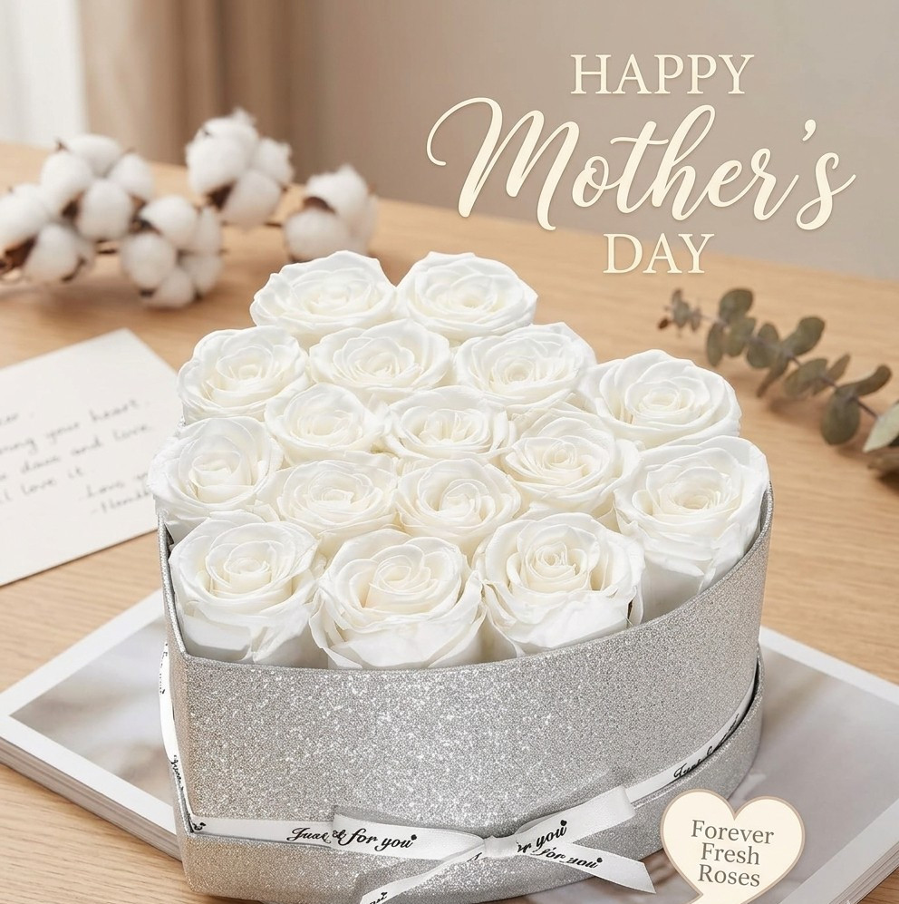 Forever Rose Gift Box – 16 Preserved Roses for Mom – Heart Shaped Elegant Gift