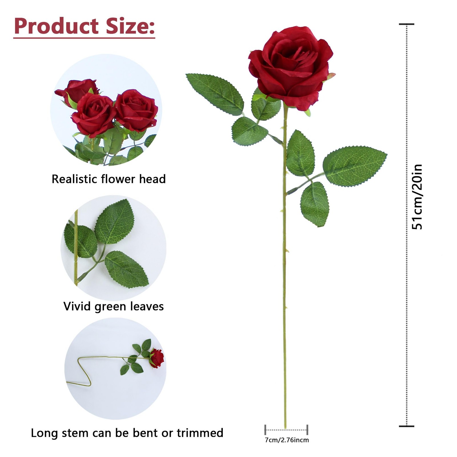 100pcs Artificial Roses in Bulk Fake Silk Roses with Stem Realistic Red Roses…