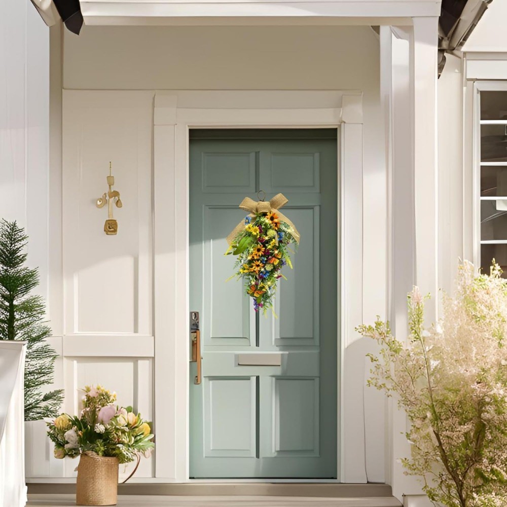 Pre-Lit Floral Teardrop Swag Sunflower Daisy Eucalyptus Door Wall Decor