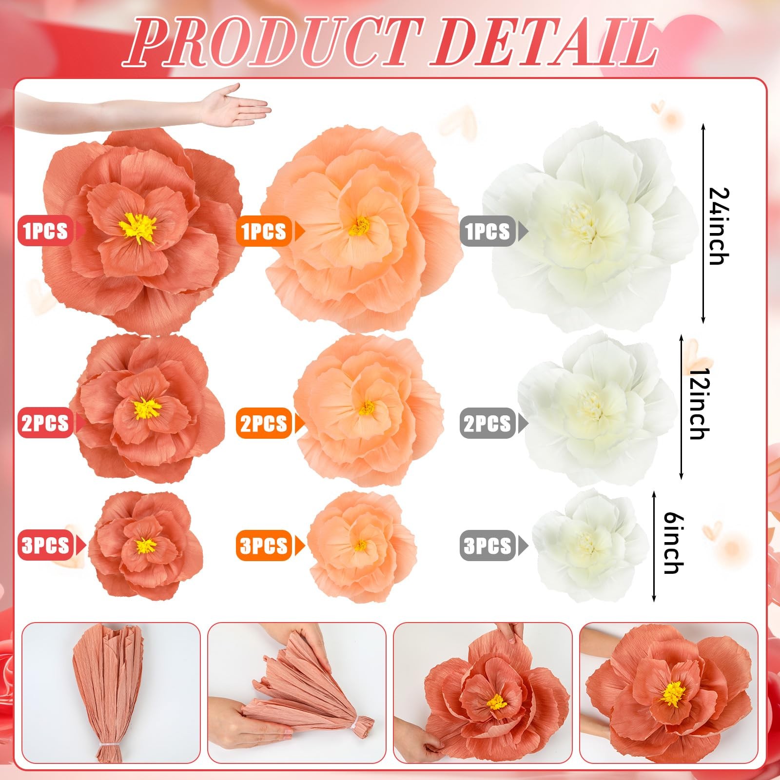 18 PCS Giant Paper Flowers Artificial Large Decoration Backdrop Pink White