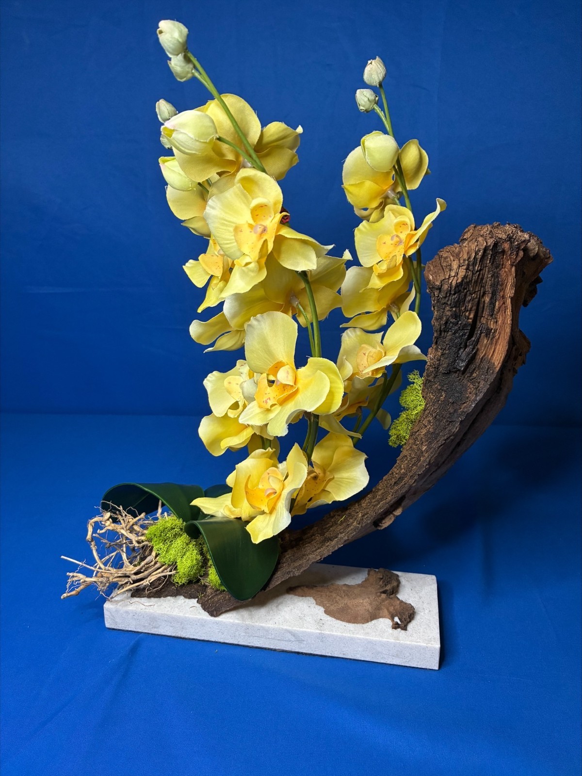 Decor Artificial Plant Home Arrangement Orchid Marble Base Natural Bark Handmade