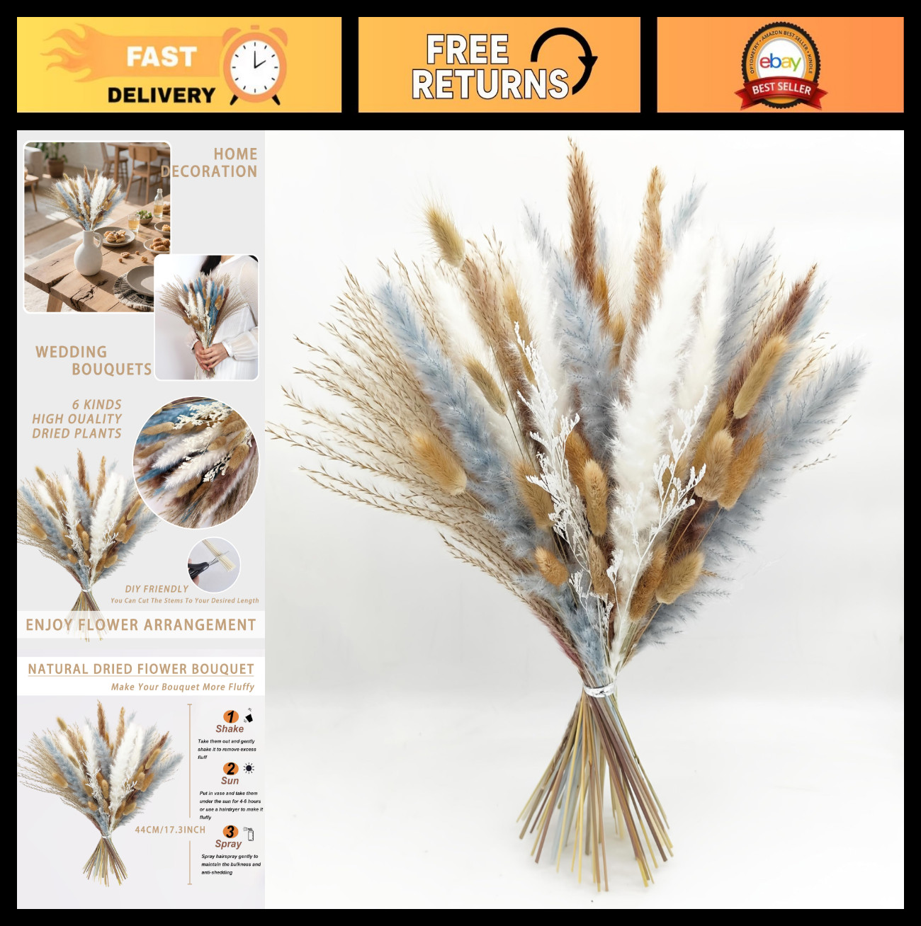 Boho Dried Flower Bouquet – 17″ Mixed Pampas Grass for Home & Wedding Decor, Cen