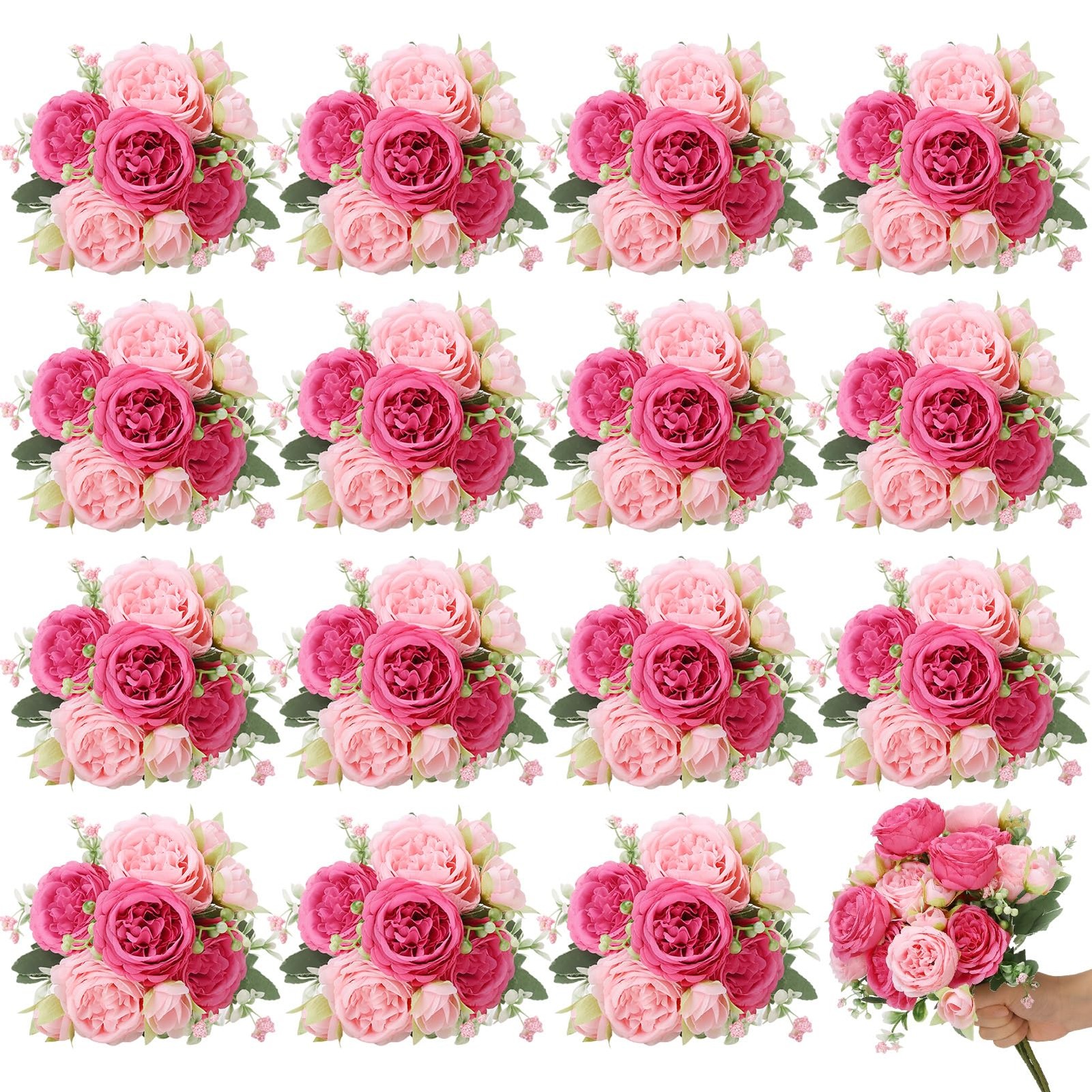 Ovveroche 16 Pack Pink,Hot Pink Peonies Artificial Flowers,Fake Silk Hydrange…