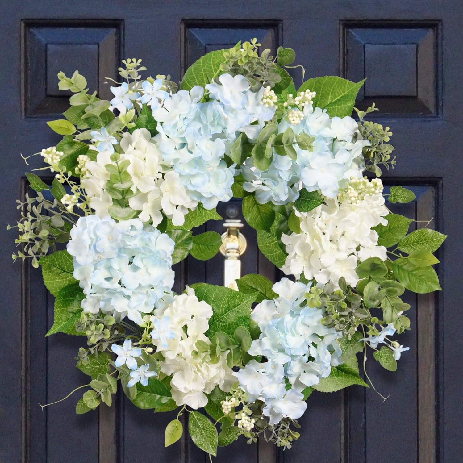 Spring Wreath Artificial Hydrangea Eucalyptus 20IN, Light Blue White Green, Spri