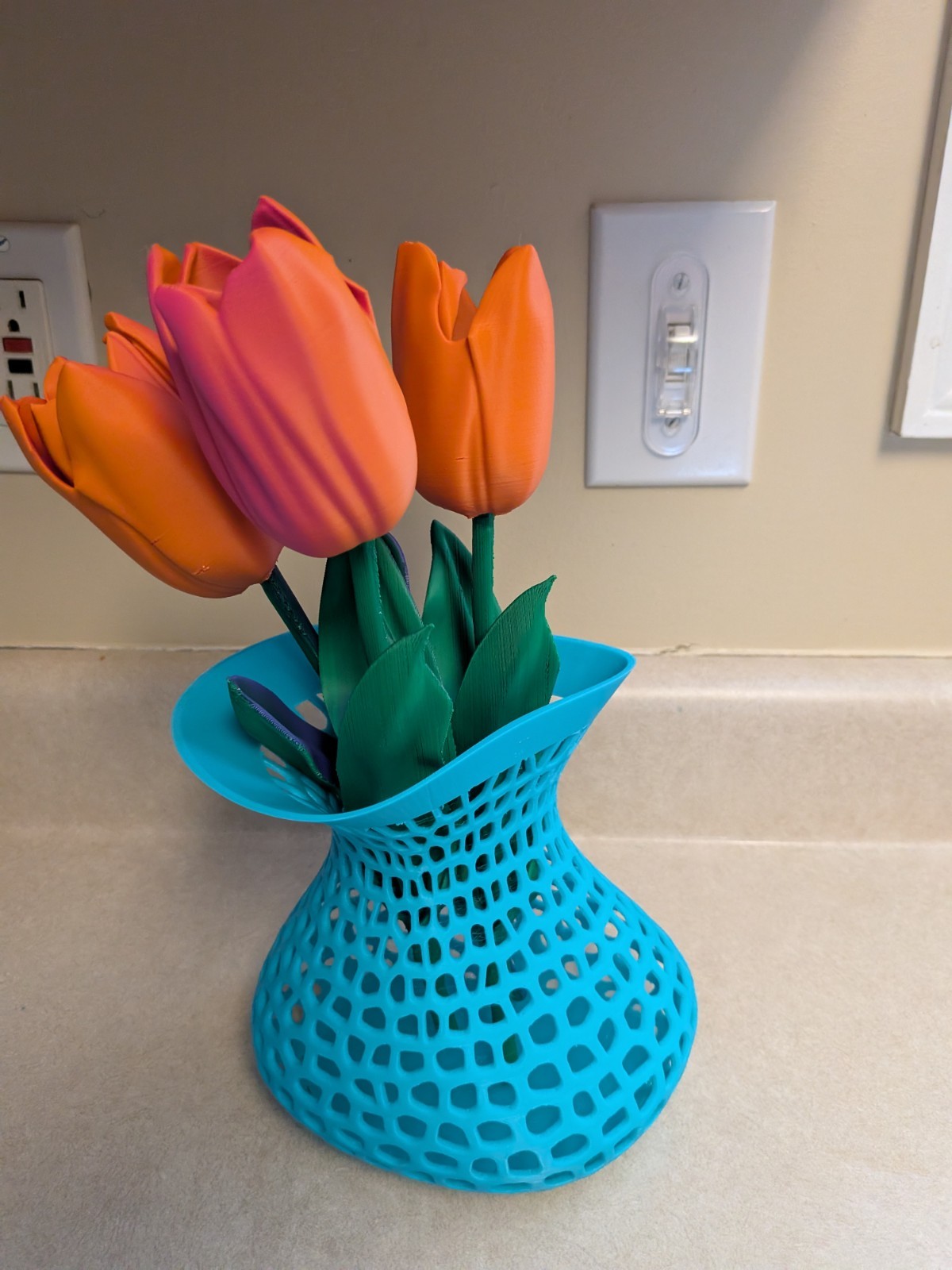 Artificial Tulip Flower Arrangement in Blue Vase, Orange Pink Green Plastic