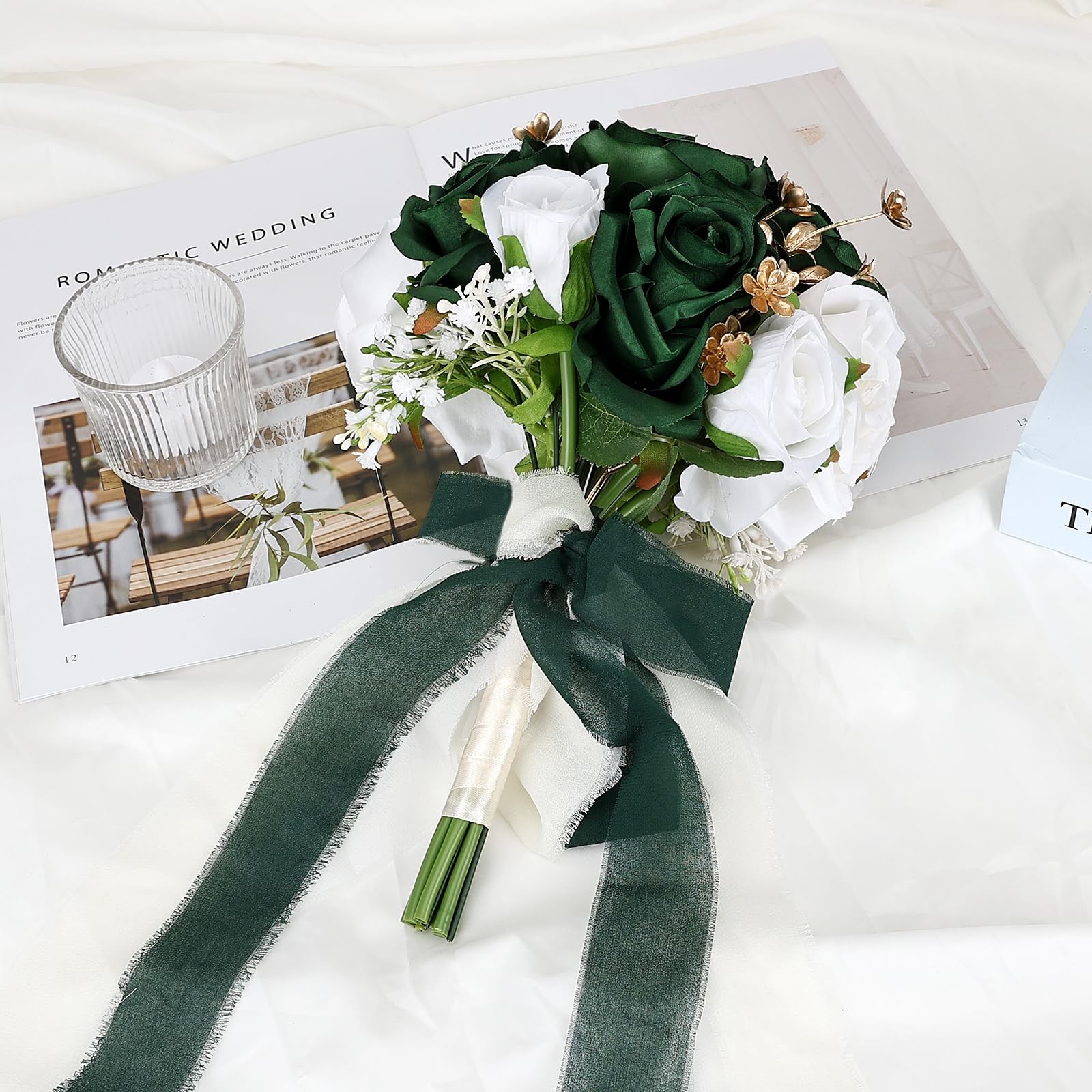 Wedding Bouquet Bride Artificial Rose Bridal Shower Emerald Green Gold White