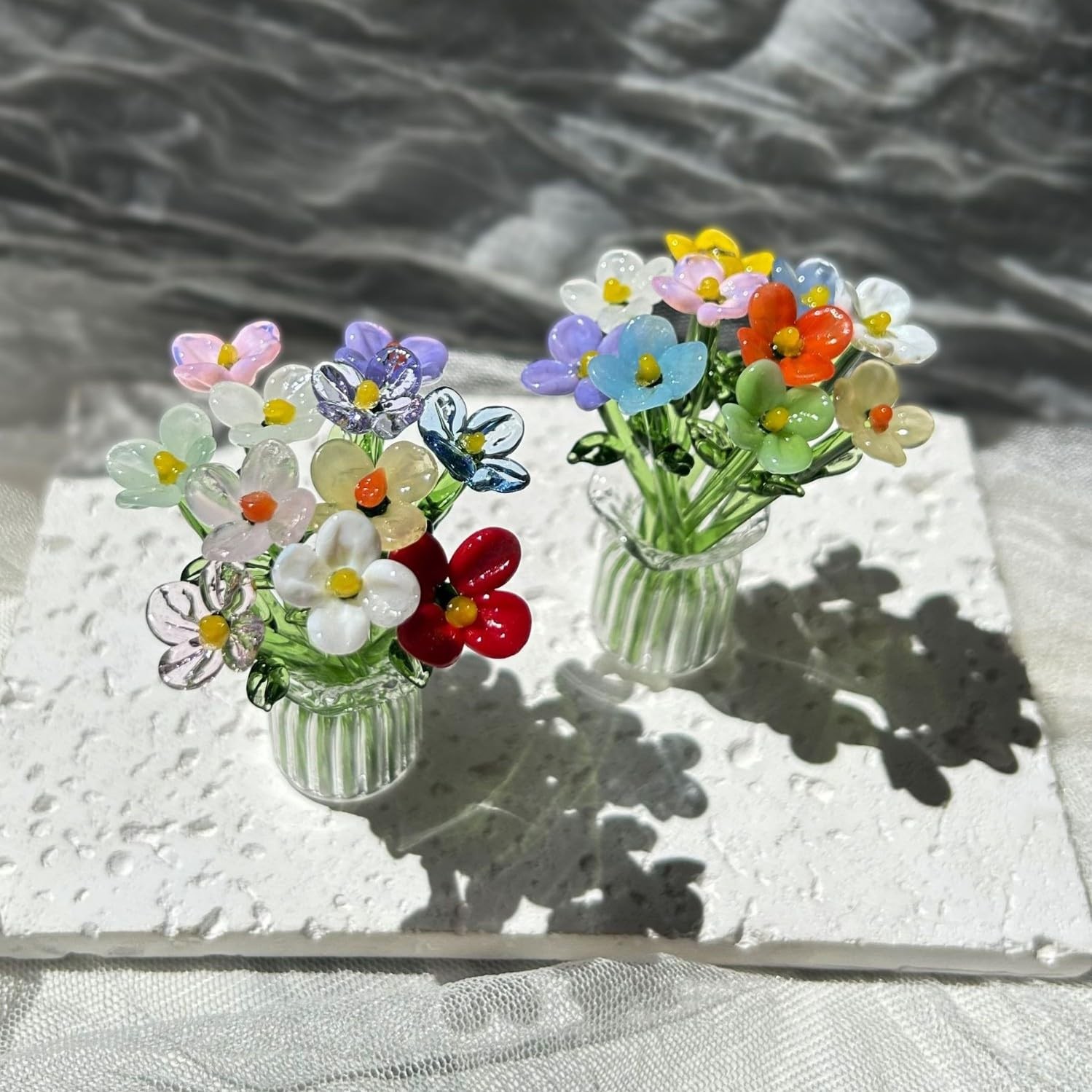 14Pcs Mini Glass Flowers Bouquet Colorful Hand Blown Glass Flower with Vase Arti